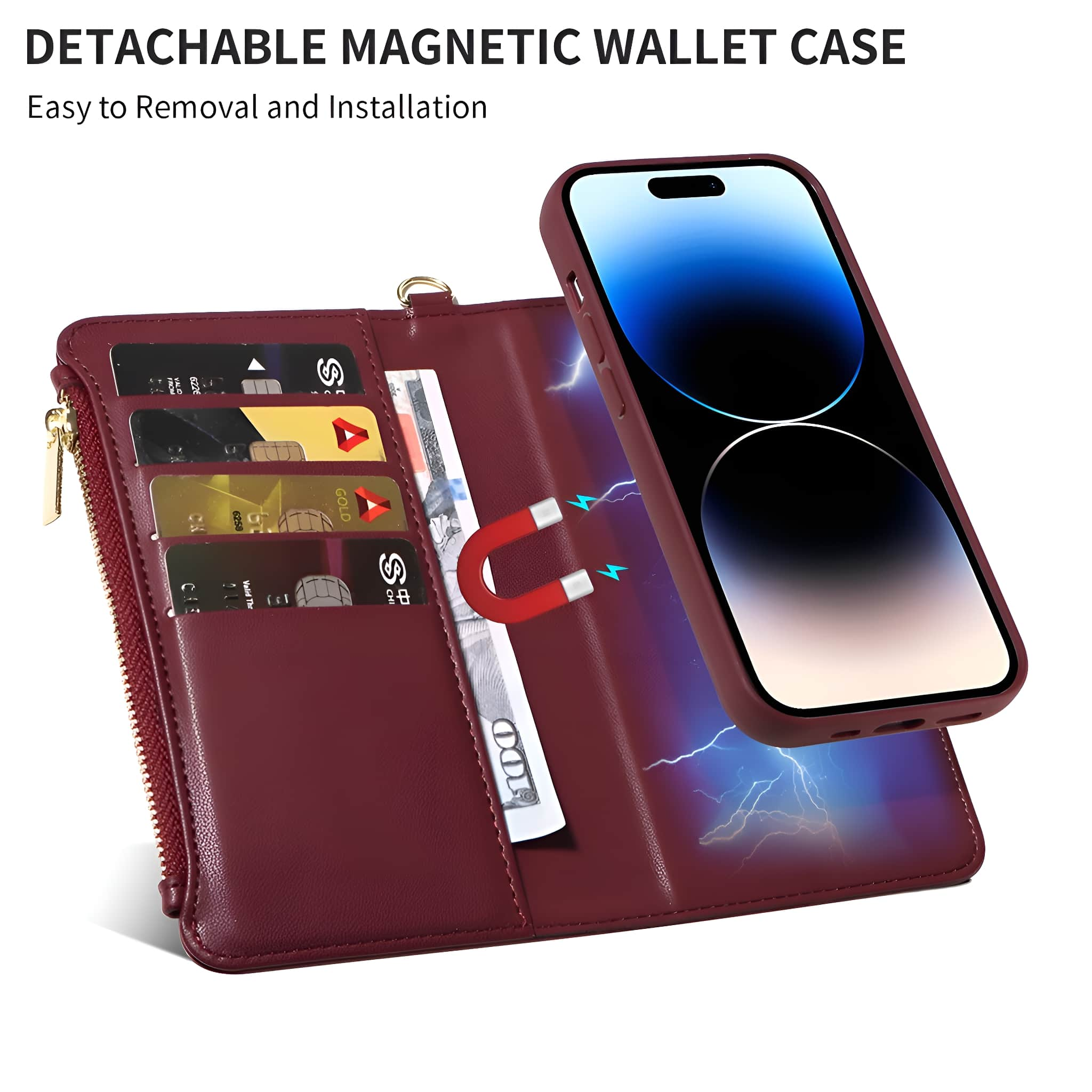 Burgunderfarbenes Wallet-Case mit Telefon und Karten. Magnetverschluss mit Blitzen.