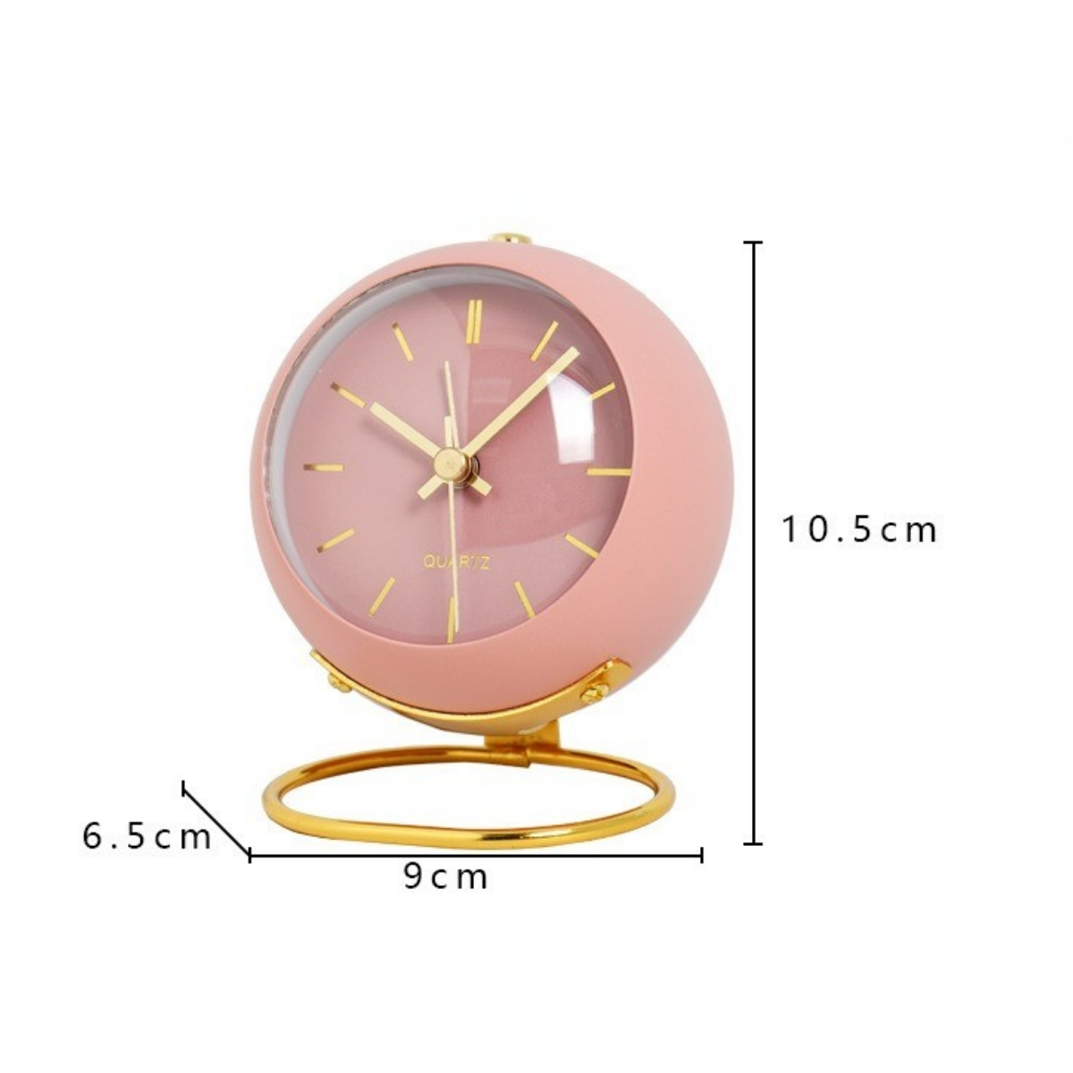 Ein rosa, runder Wecker auf einem Ständer mit Größenangaben.