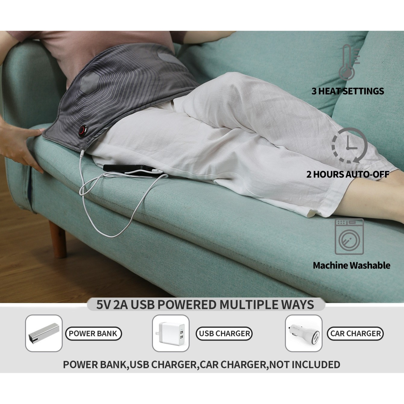 Eine Person liegt auf einem türkisfarbenen Sofa mit einem Heizkissen auf dem Bauch. Textlabels sichtbar.