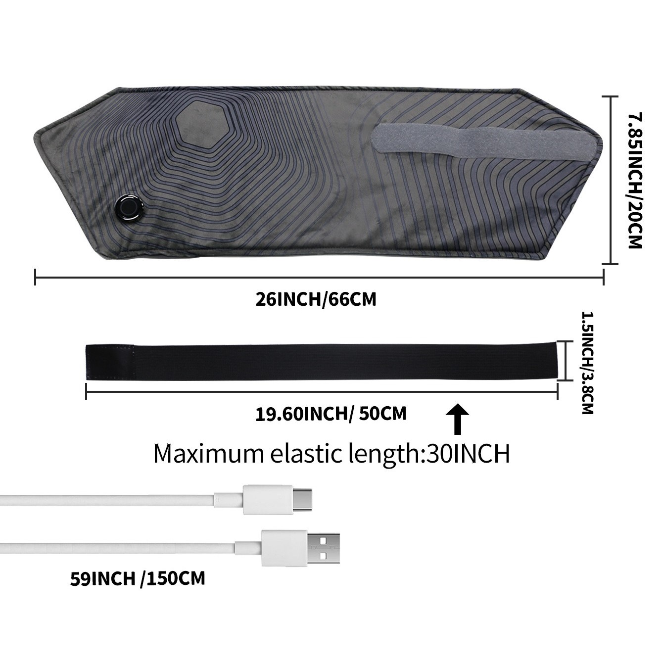 Ein graues Heizkissen mit Maßen und einem schwarzen Gummiband mit einem weißen USB-Kabel. Text ist darauf.