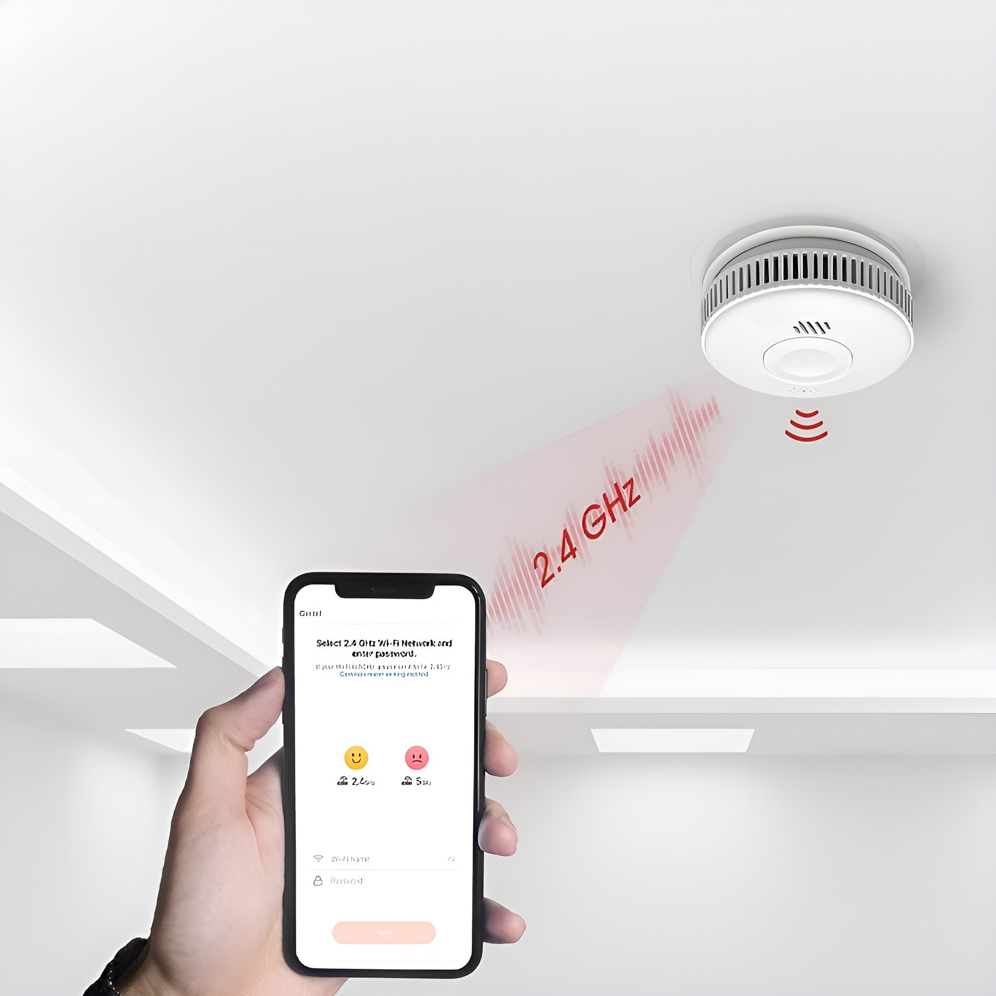 Eine Person, die ein Smartphone verwendet, um sich mit einem Rauchmelder an der Decke zu verbinden.