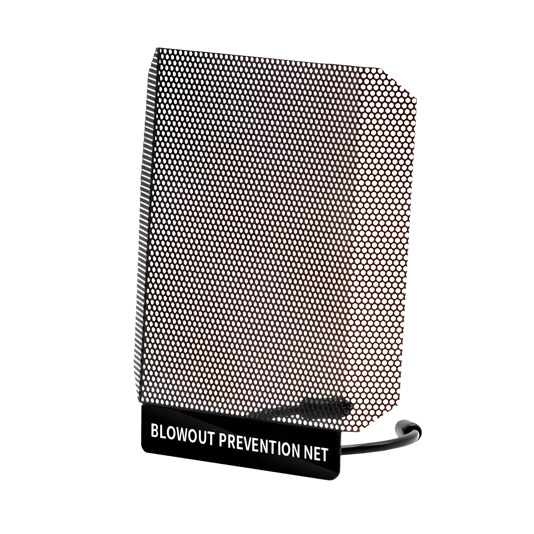 Ein schwarzes Blowout-Prevention-Netz mit einem Schild 'BLOWOUT PREVENTION NET'.