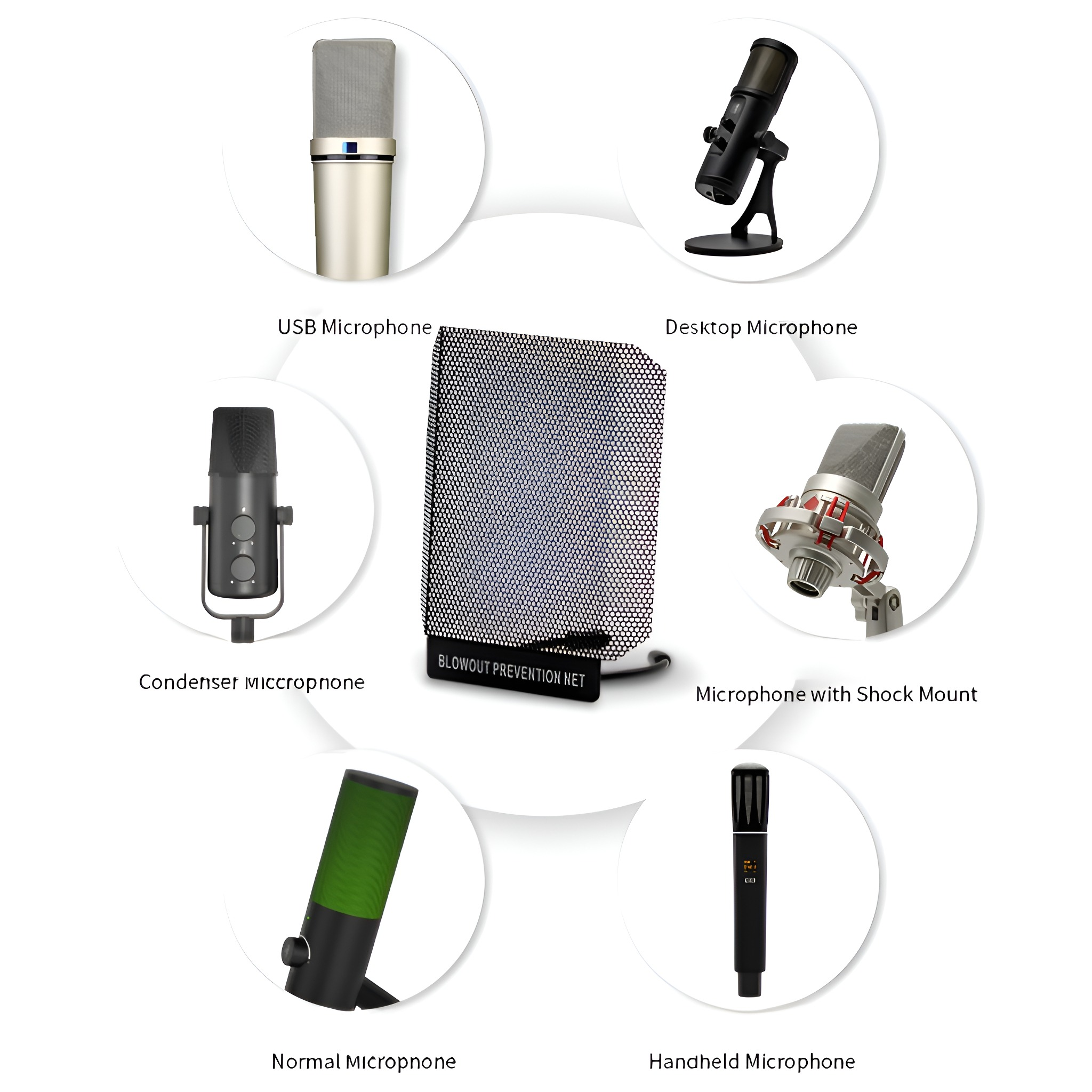 Verschiedene Mikrofone. USB, Desktop, Kondensator, und Handmikrofone mit Popfiltern.