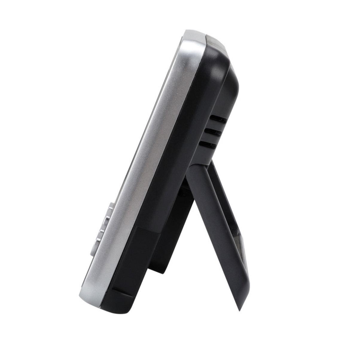 Mały zegar cyfrowy ze stojakiem. Wyświetlacz pokazuje godzinę i temperaturę. Srebrny i czarny kolor.