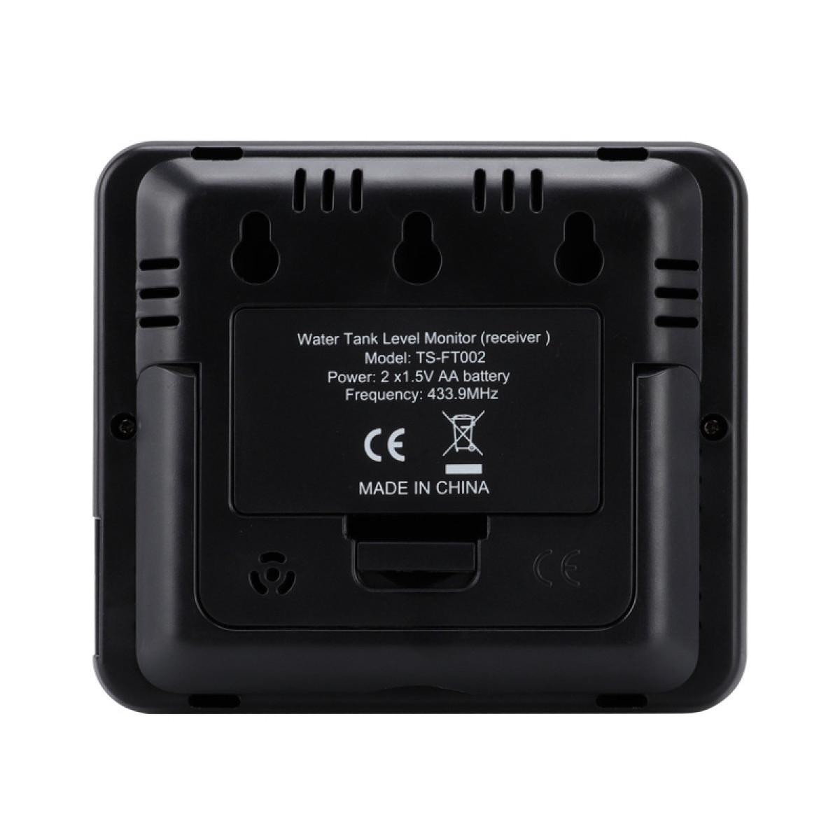 Tył czarnego monitora poziomu wody w zbiorniku z etykietą. Pokazuje informacje o modelu, baterii i częstotliwości.