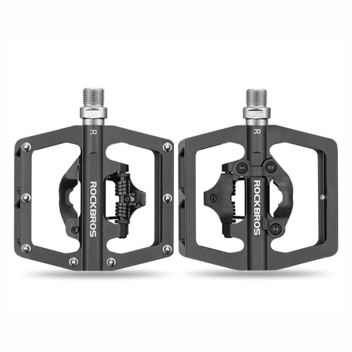 Zwei schwarze Fahrradpedale, mit 'R' für rechts gekennzeichnet. Die Pedale sind auf weißem Hintergrund.