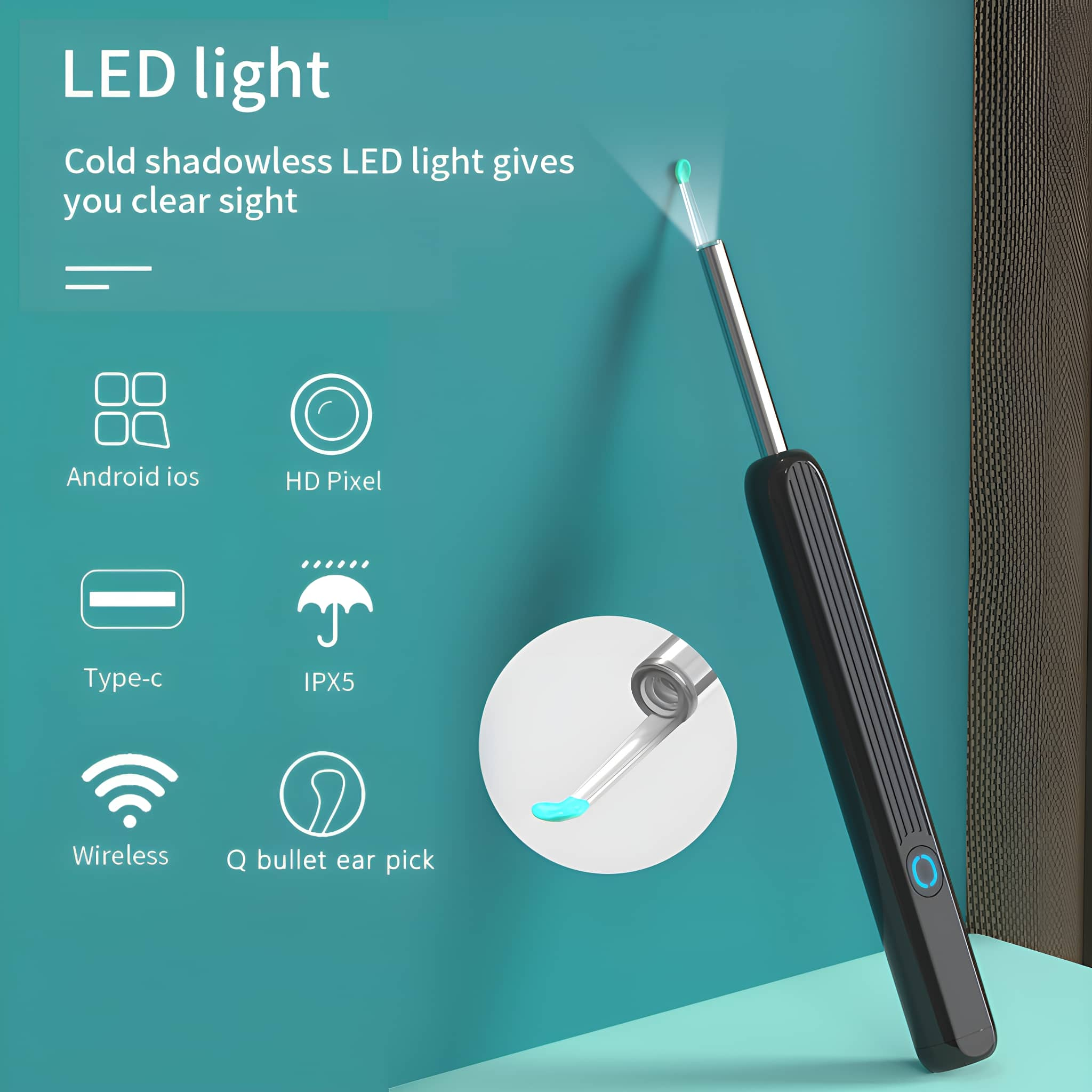 Ohrenreinigungswerkzeug mit LED-Licht und Funktionen.