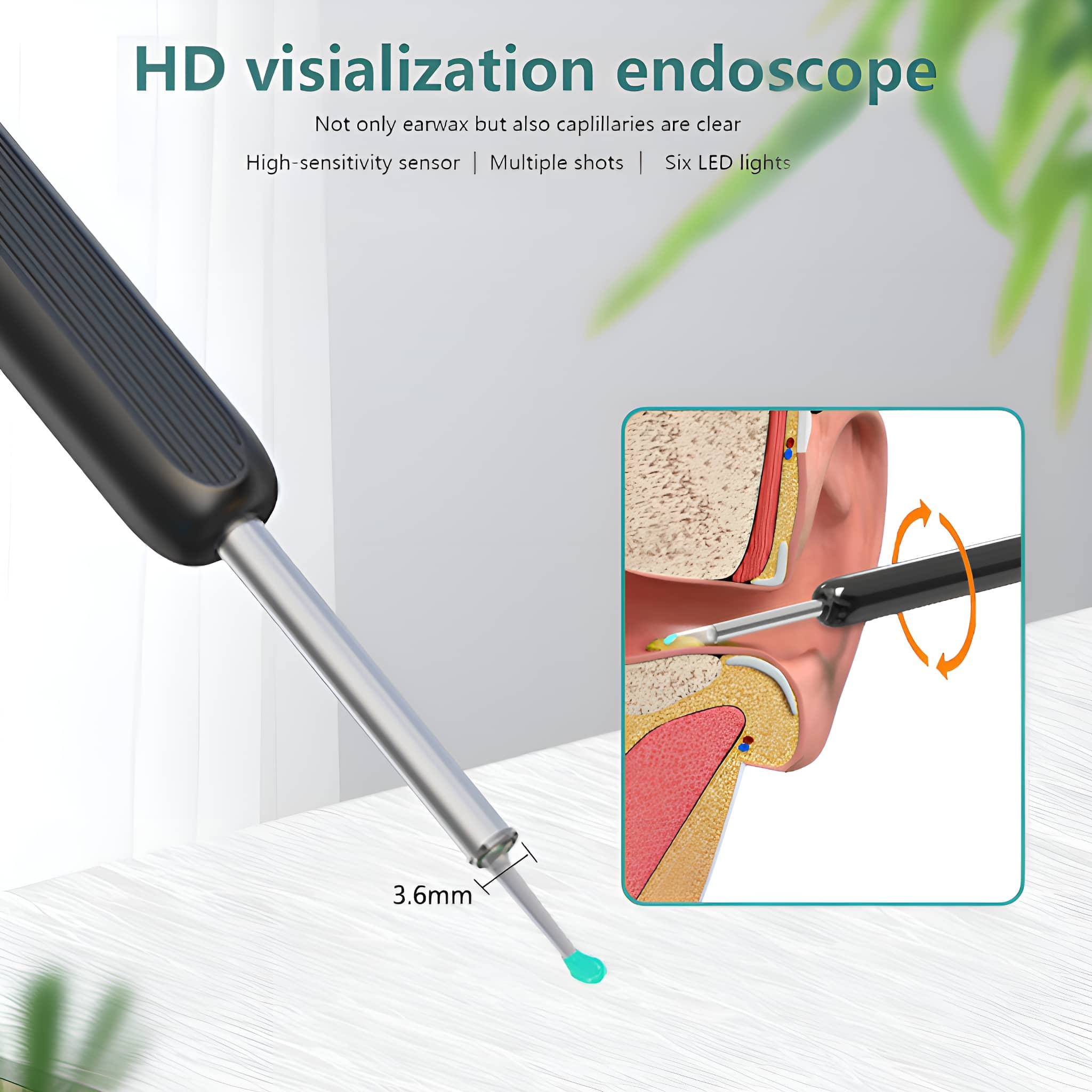 Medizinisches Gerät mit Sonde, die in eine Zeichnung eines Ohrs eingeführt wird, Diagramm zeigt Gehörgang.