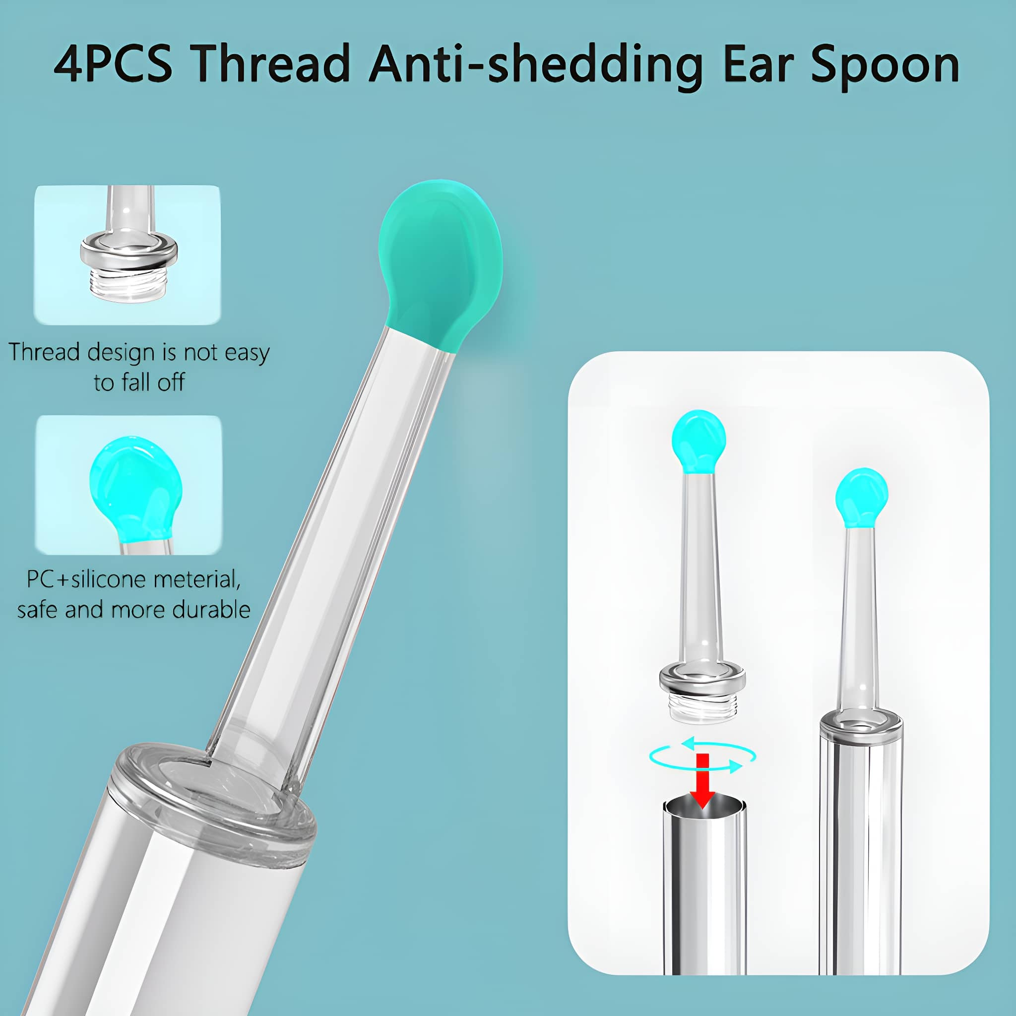 Ohrenlöffel mit grünen Spitzen. Klarer Griff, silberner Sockel. Text: 4PCS Thread Anti-shedding Ear Spoon.
