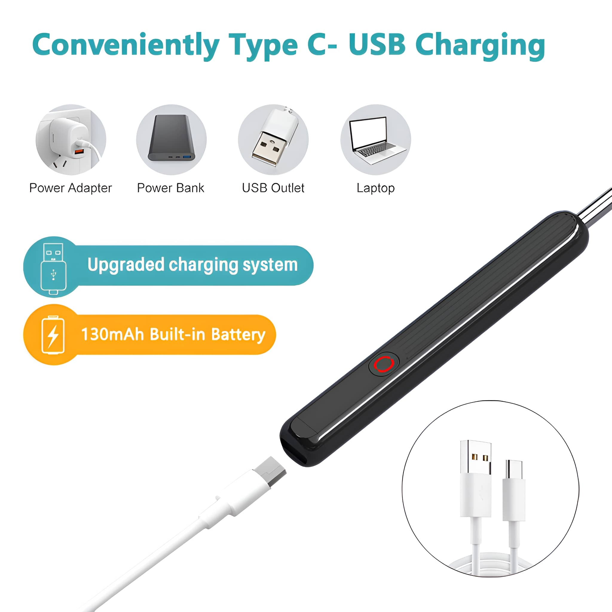 Schwarzes Ladegerät mit roter Taste, eingesteckt in ein weißes USB-C-Kabel, mit Ladeoptionen.