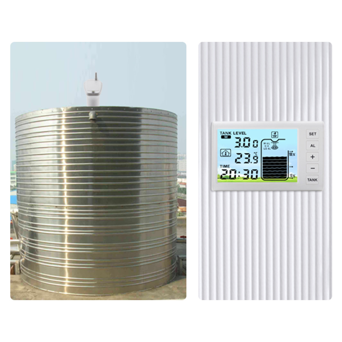 Duży metalowy zbiornik na wodę na dachu, z panelem sterowania po prawej stronie.