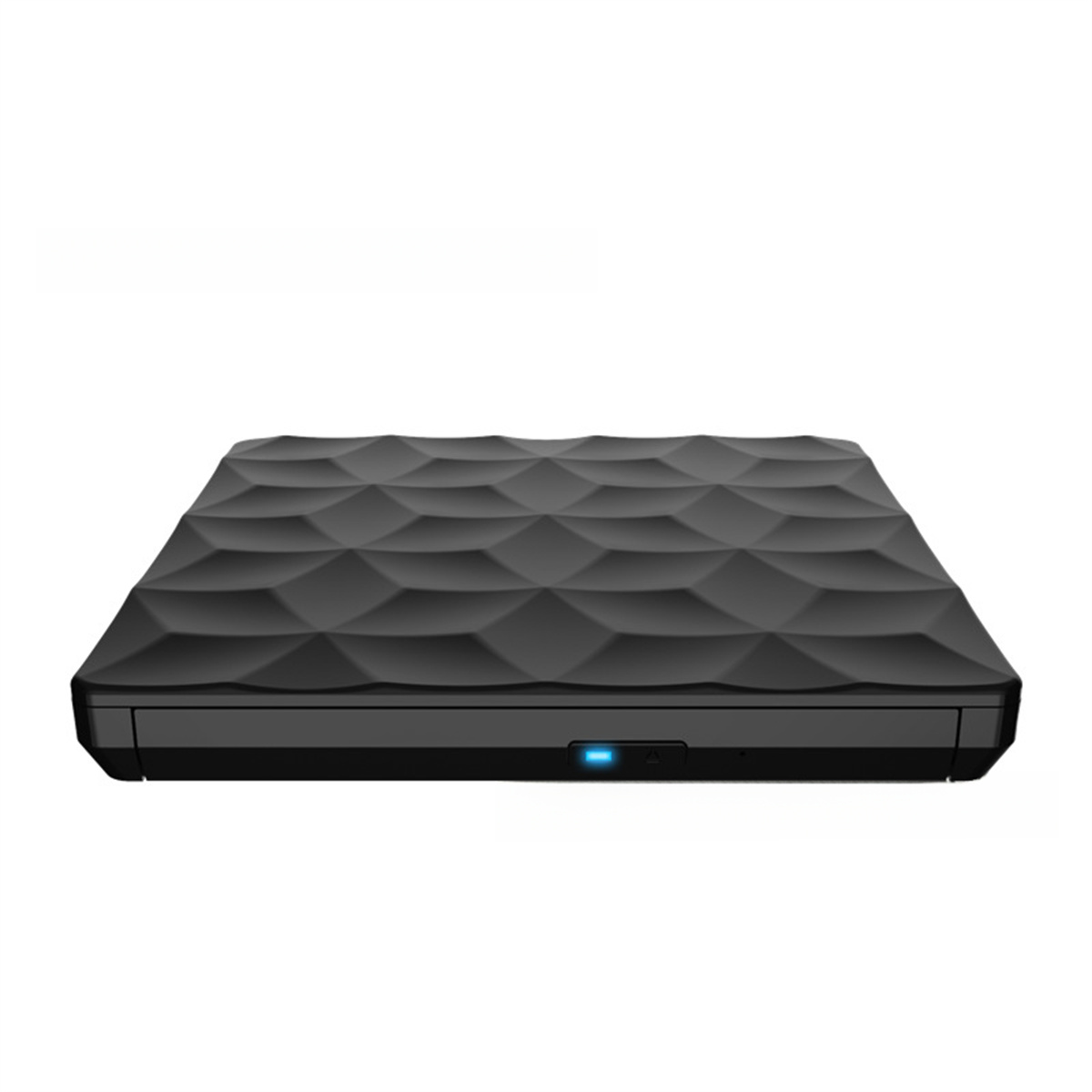 Schwarzes, strukturiertes quadratisches Gerät mit blauem Licht, möglicherweise ein Router.