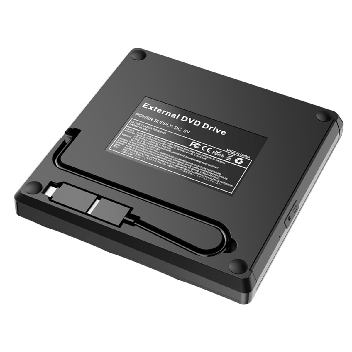Schwarzes externes DVD-Laufwerk mit Kabel und weißem Hintergrund.
