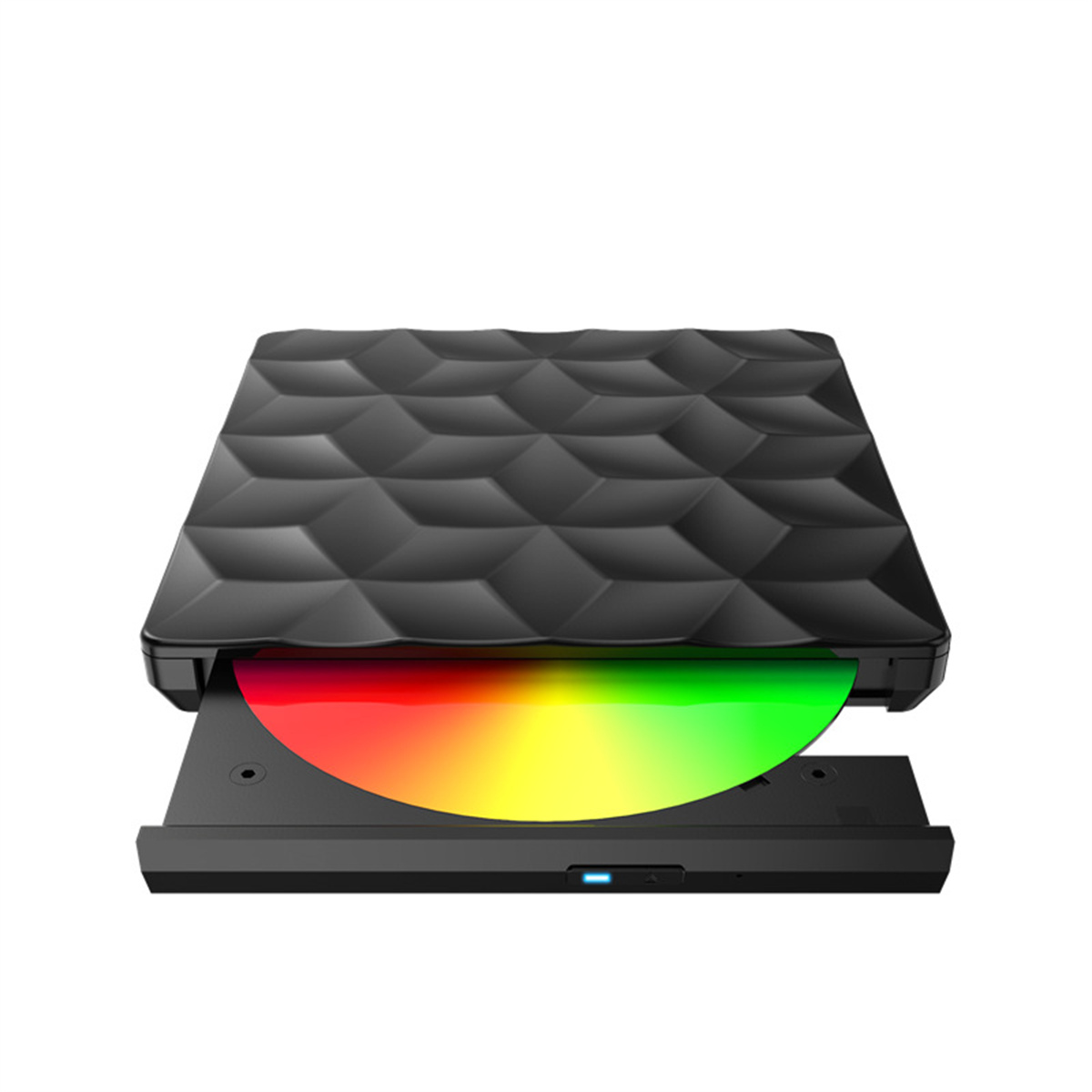 Ein schwarzes DVD-Laufwerk mit einer bunten Disc, die teilweise eingesetzt und geöffnet ist.
