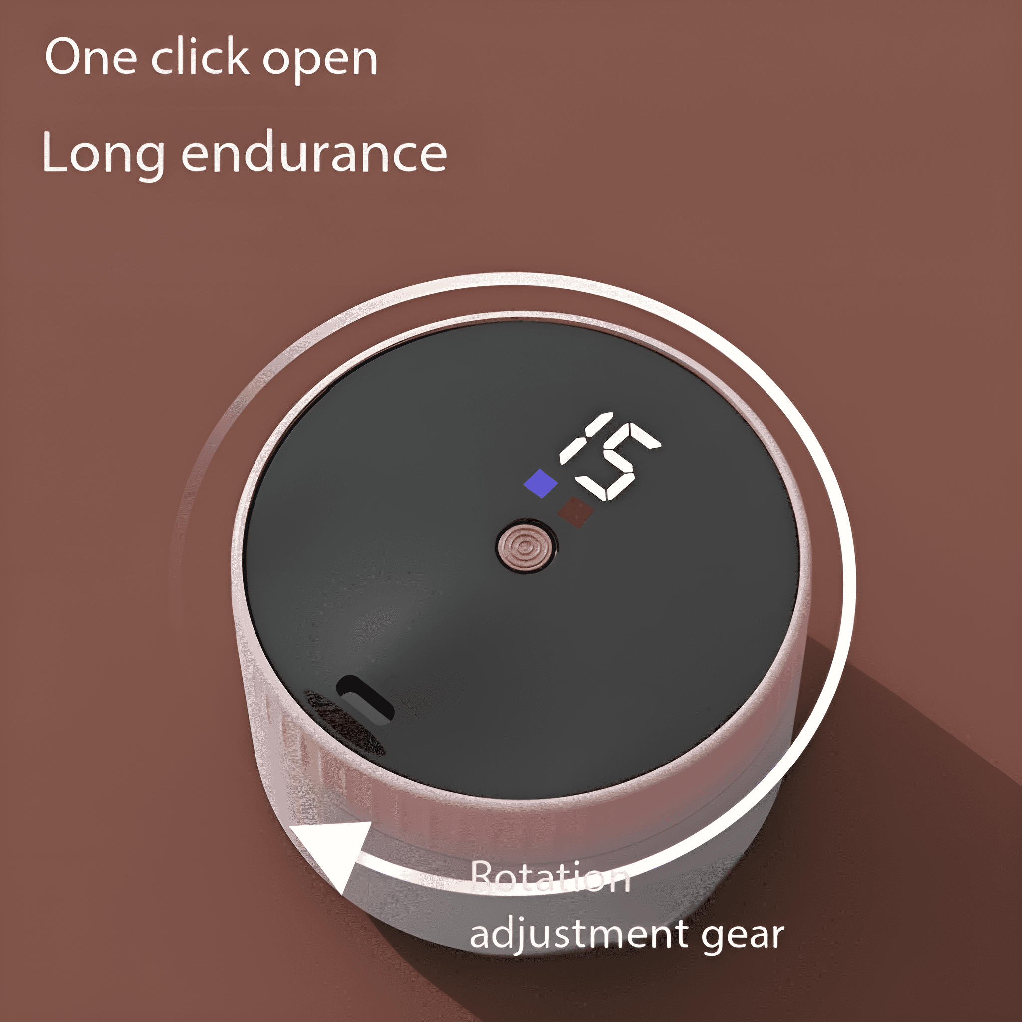 Ein schwarz-weißes kreisförmiges Gerät mit digitaler Anzeige und weißem Ring.