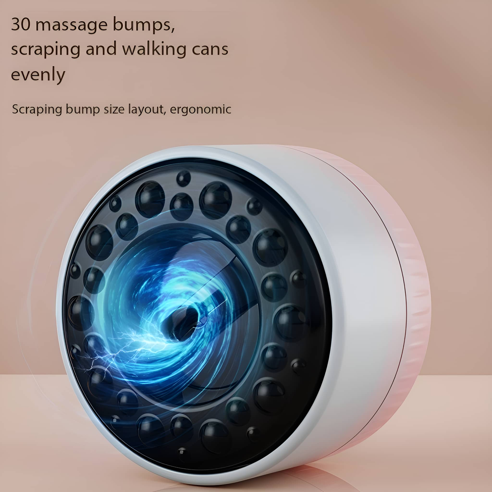 Ein Massagegerät. Das Gerät hat Massage-Noppen. Nahaufnahme. Rosa Hintergrund.