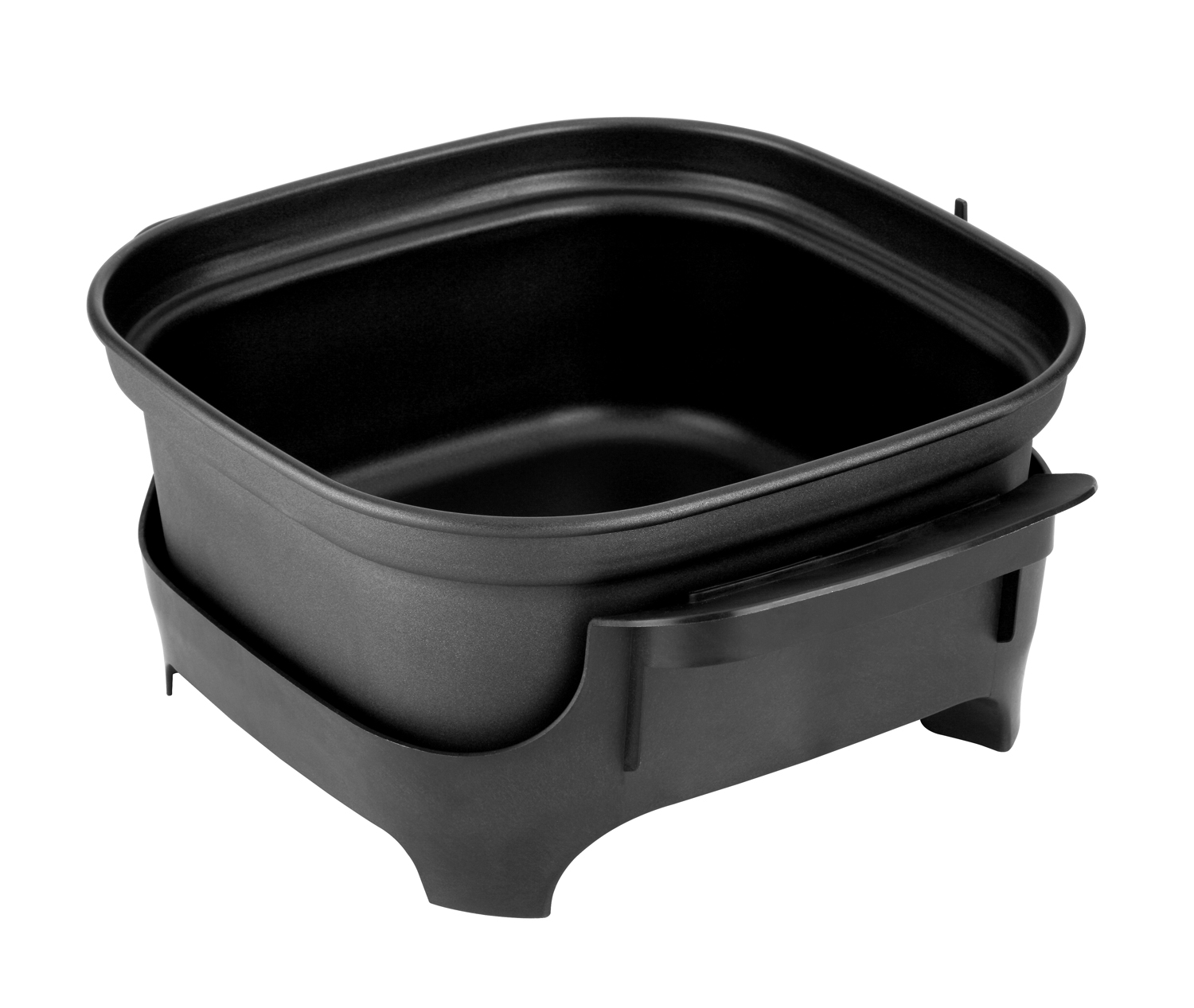 Ein schwarzer quadratischer Airfryer-Korb auf einem schwarzen Ständer vor weißem Hintergrund.