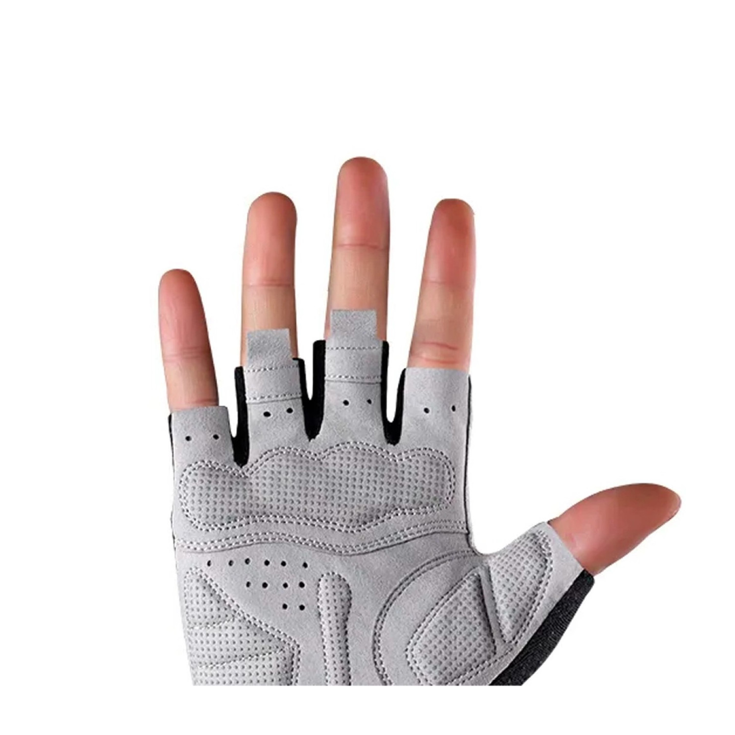 Eine Hand, die einen hellgrauen Handschuh mit Löchern und schwarzen Details trägt.