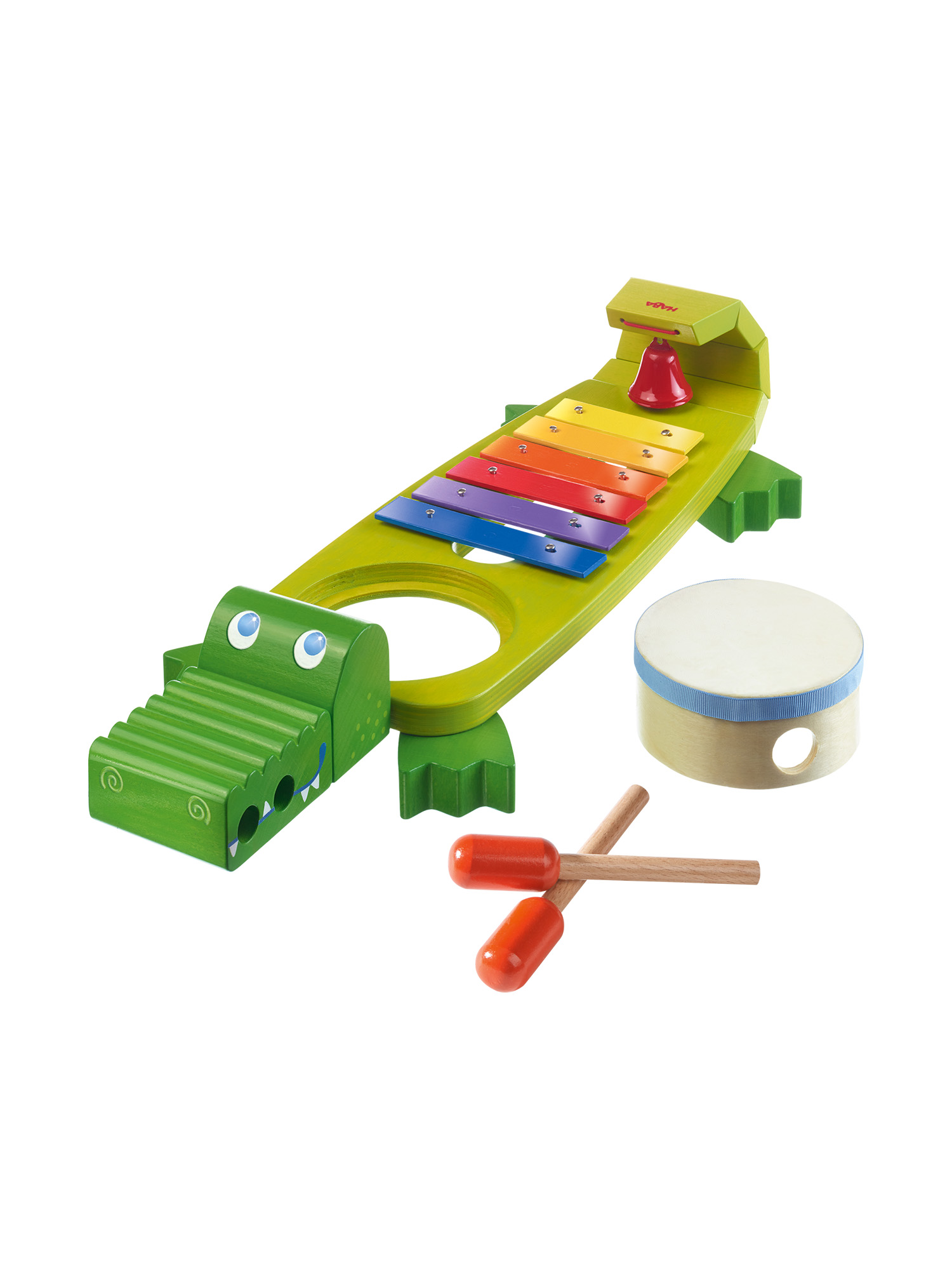 Grünes Xylophon-Spielzeug in Krokodilform mit Trommel und Schlägeln, weißer Hintergrund.
