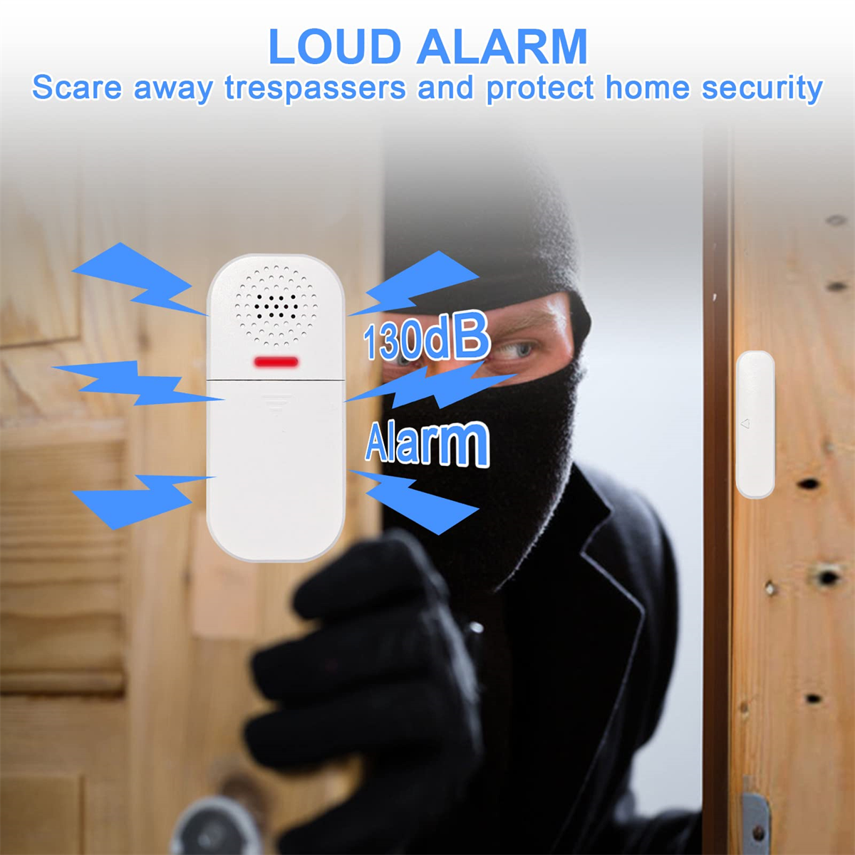 Ein lauter Alarm mit einem Mann mit Maske, und der Text LAUTER ALARM, 130dB und Alarm.