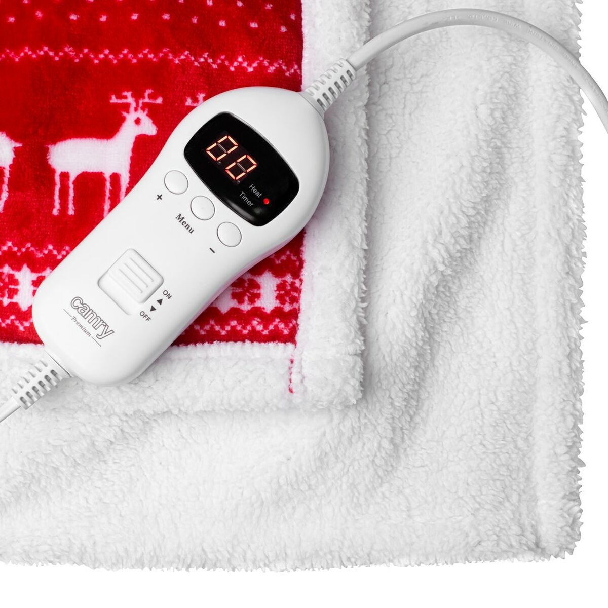 Weiße, flauschige Heizdecke mit digitaler Steuerung und einem rot-weißen Weihnachtsmuster.