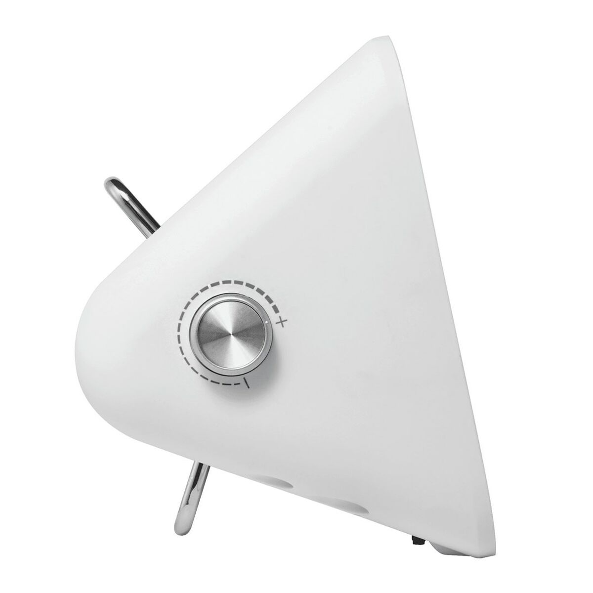 Un dispositivo bianco, triangolare, con un quadrante metallico e un supporto.