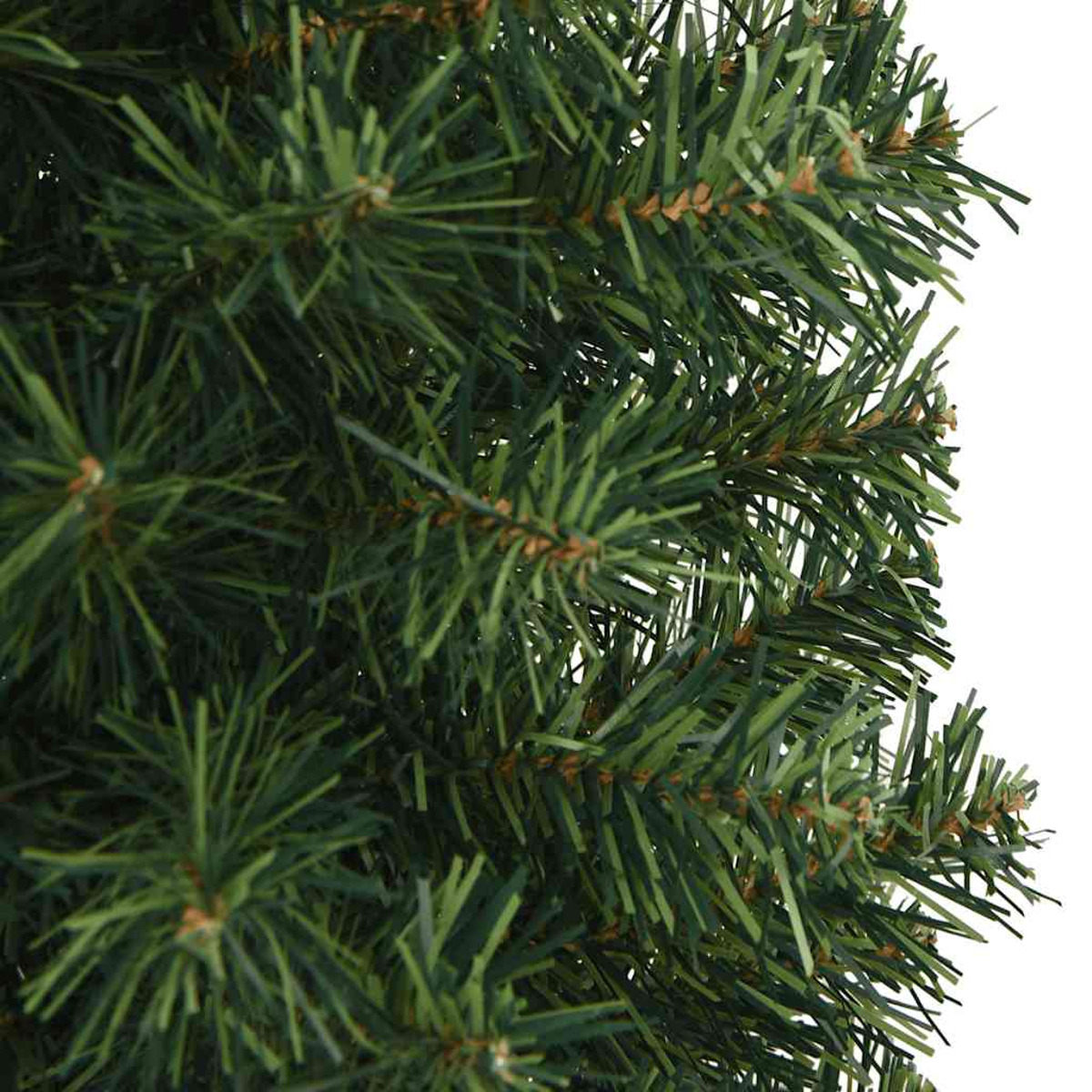 Nahaufnahme eines grünen Weihnachtsbaums. Die Nadeln sind dicht und detailliert, mit weißem Hintergrund rechts.