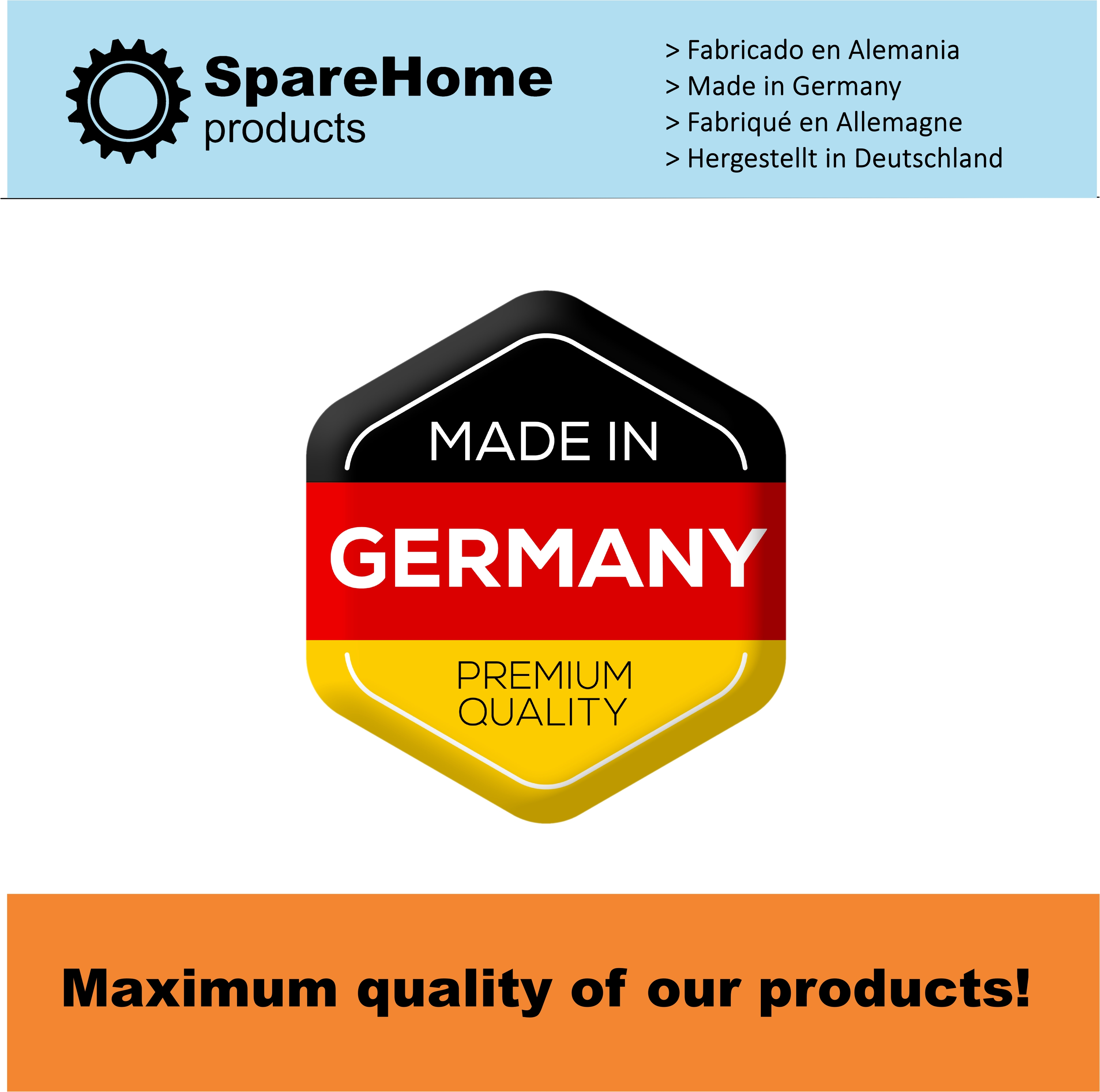 Logo con colores de la bandera alemana y texto: Made in Germany, Premium Quality. Texto: ¡Máxima calidad!