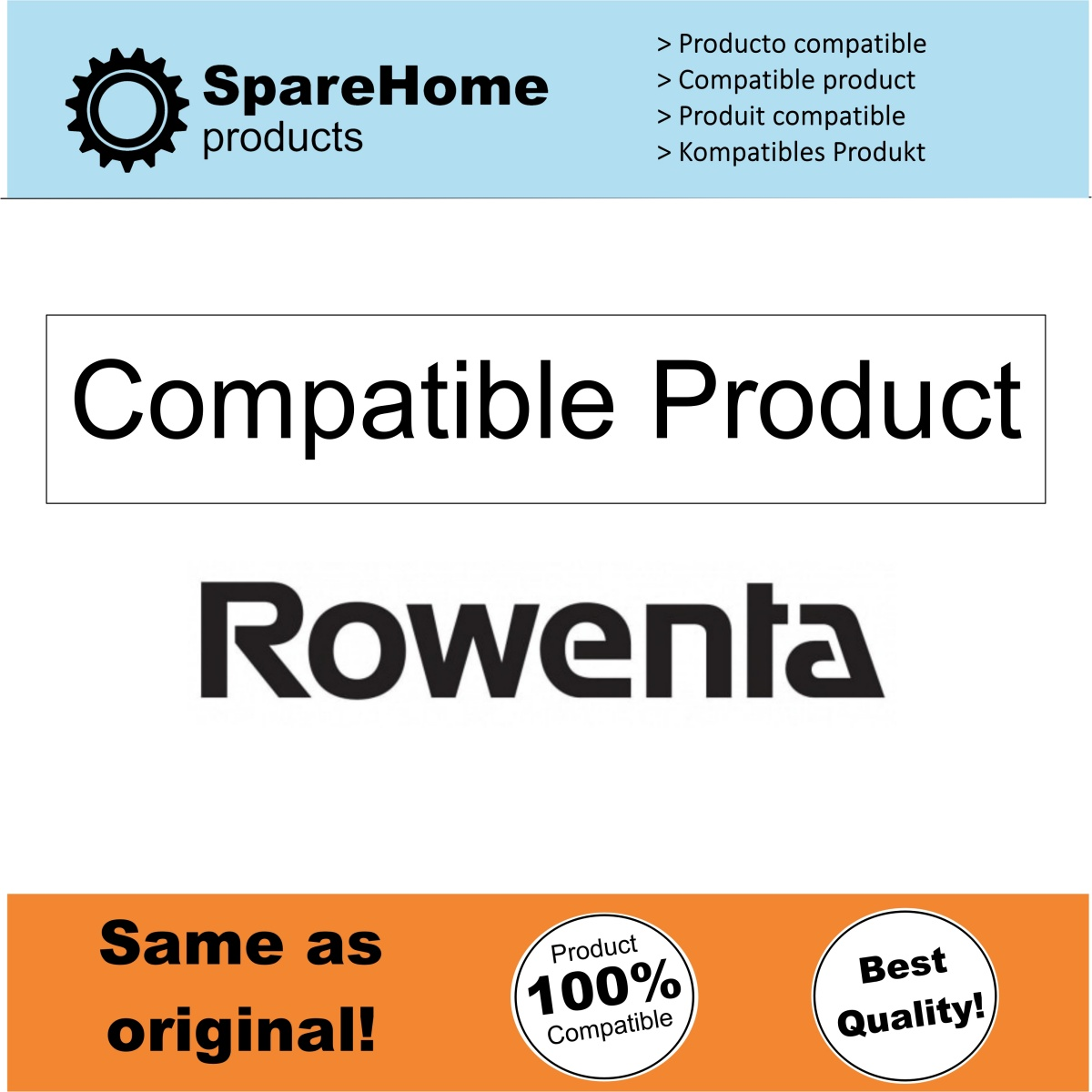 Anuncio con texto y logos: SpareHome products, Producto Compatible, Rowenta y distintivos de calidad.