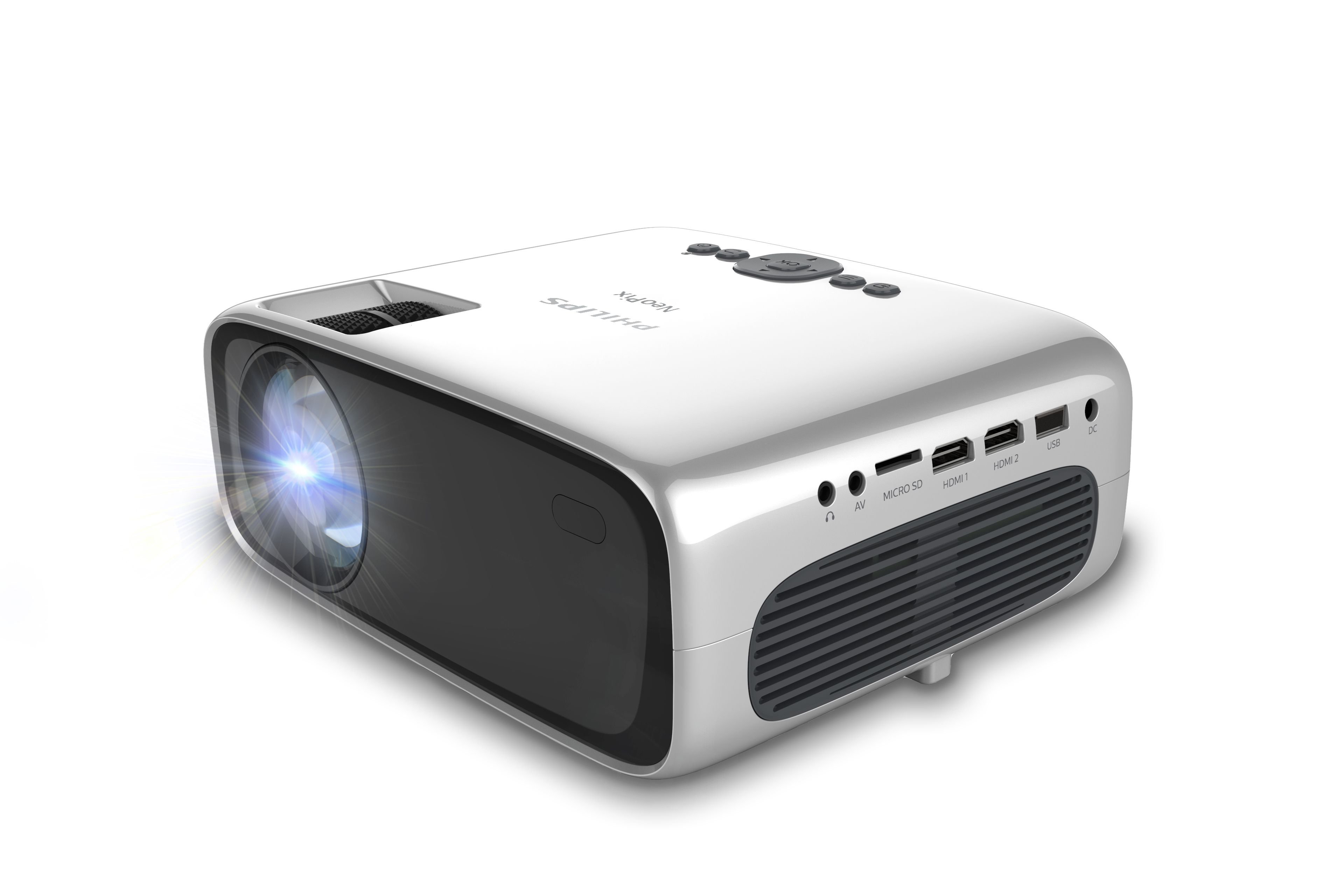 Witte Philips projector. Zichtbare lens met blauw licht. Witte achtergrond.