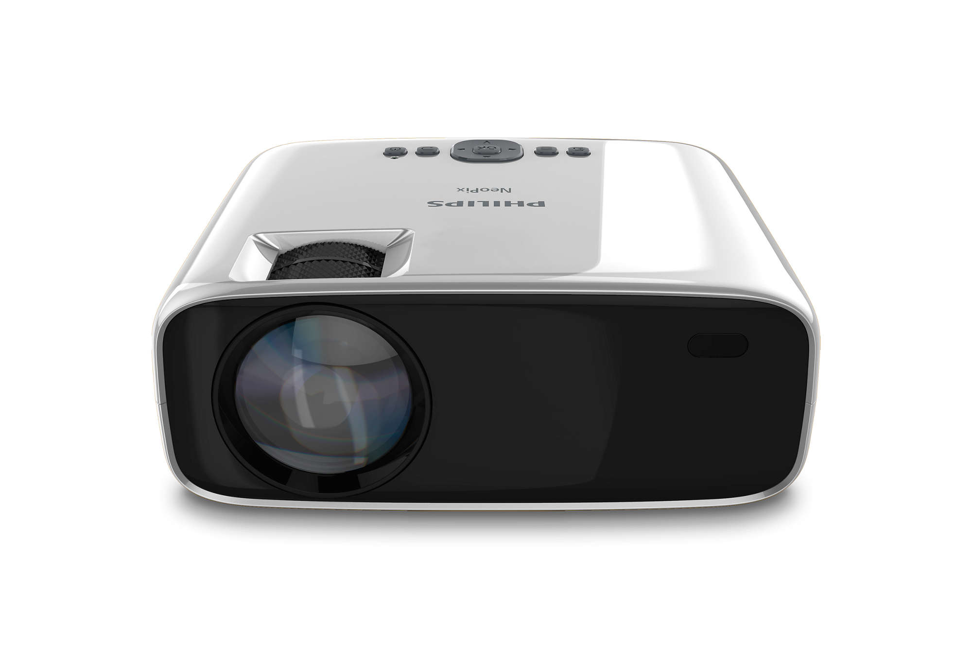 Witte Philips projector op witte achtergrond, met lens en bedieningsknoppen.