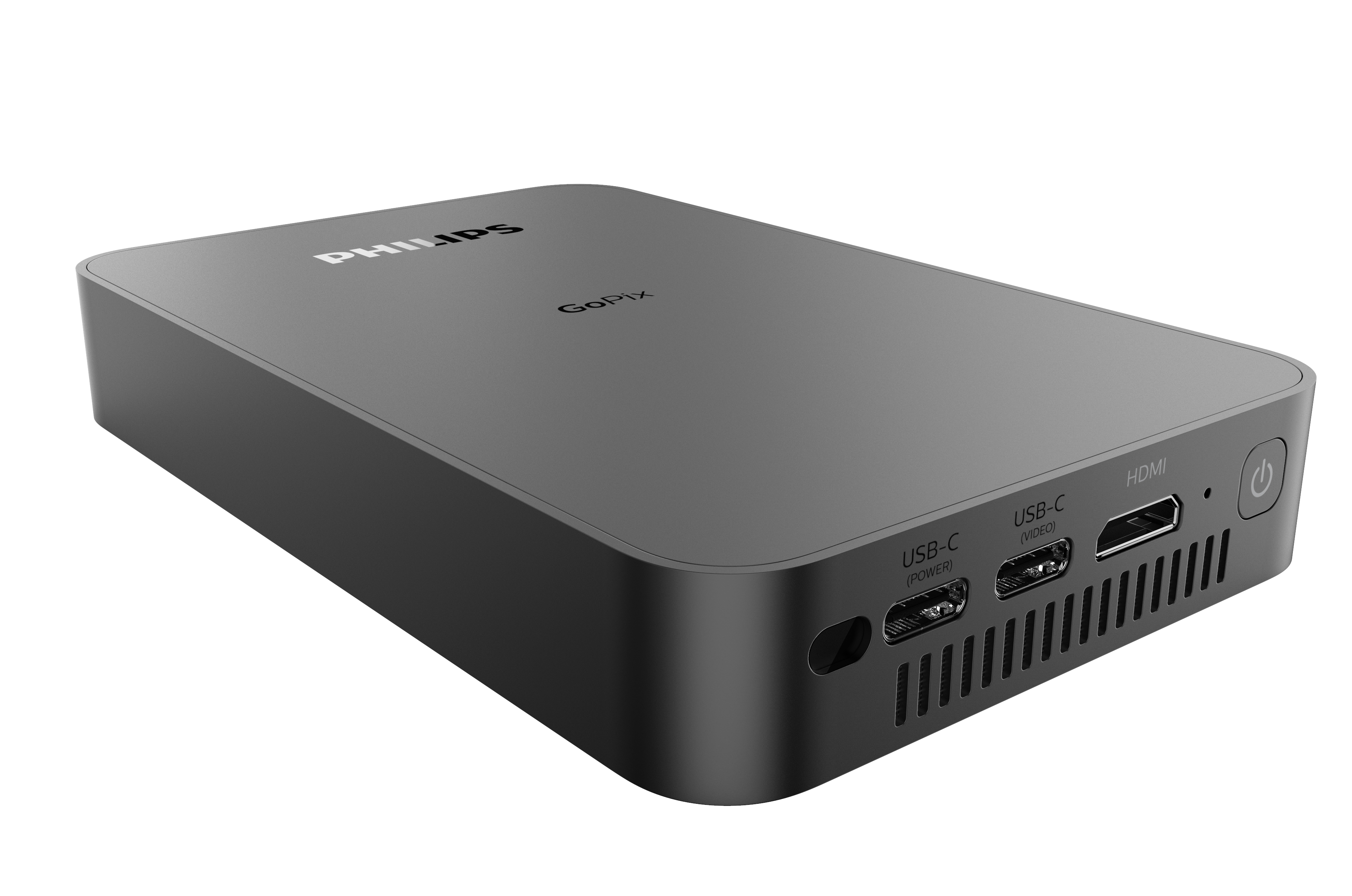 Dispositivo Philips GoPix negro rectangular con puertos y botón de encendido en el lateral.