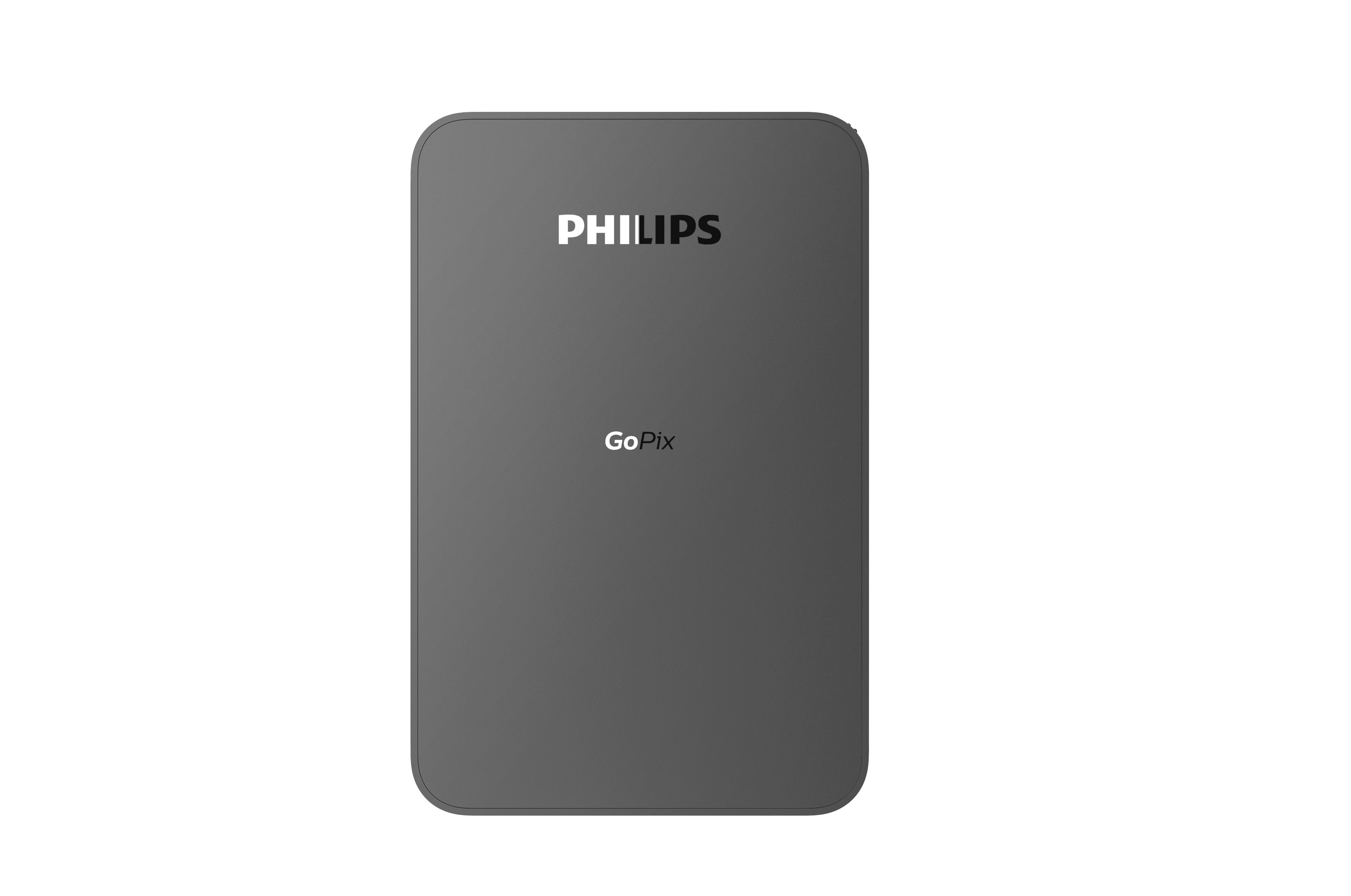 Proyector Philips GoPix gris oscuro sobre fondo blanco.