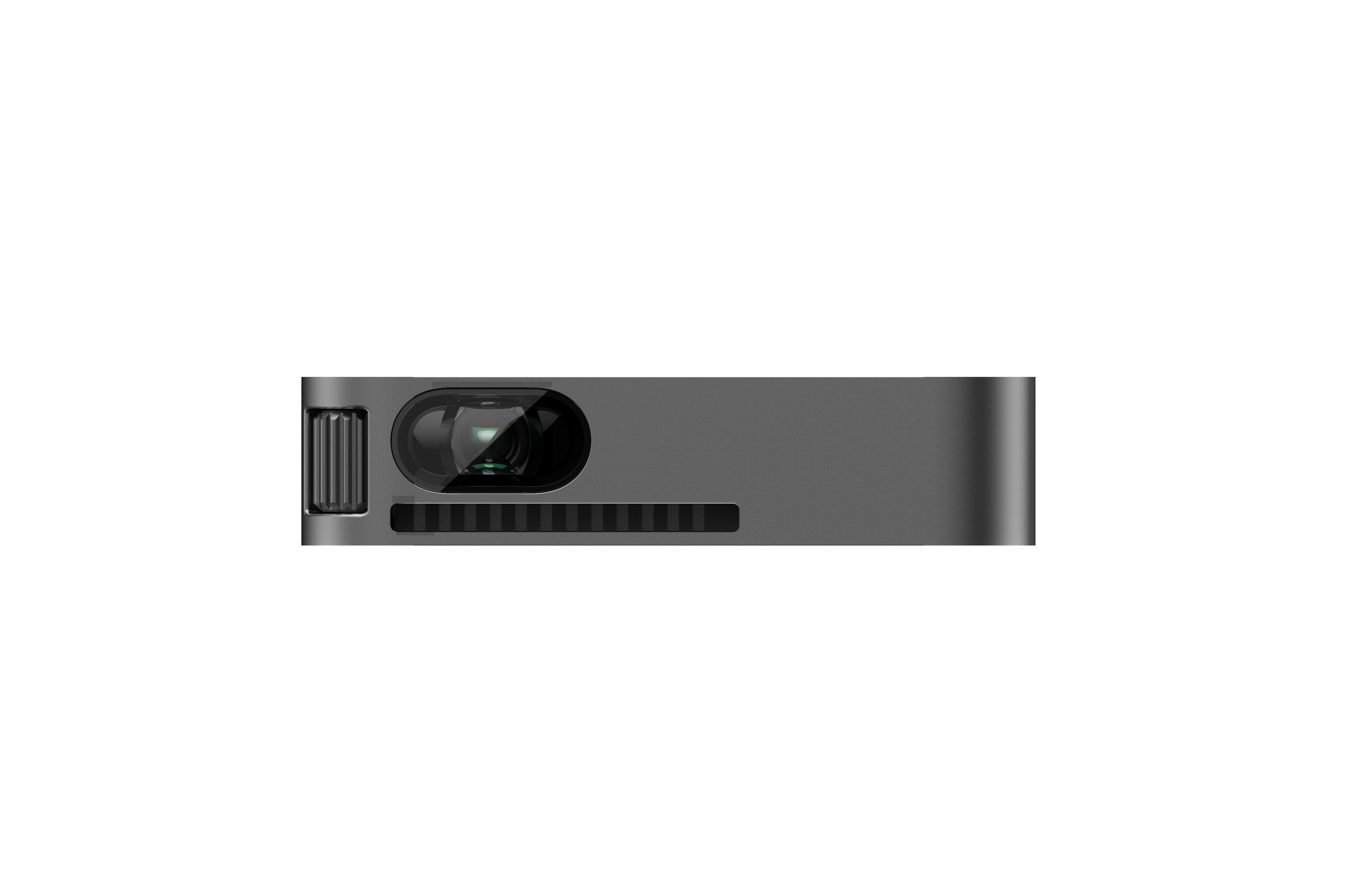 Proyector gris oscuro con lente y ventilación. Es rectangular y de diseño elegante.