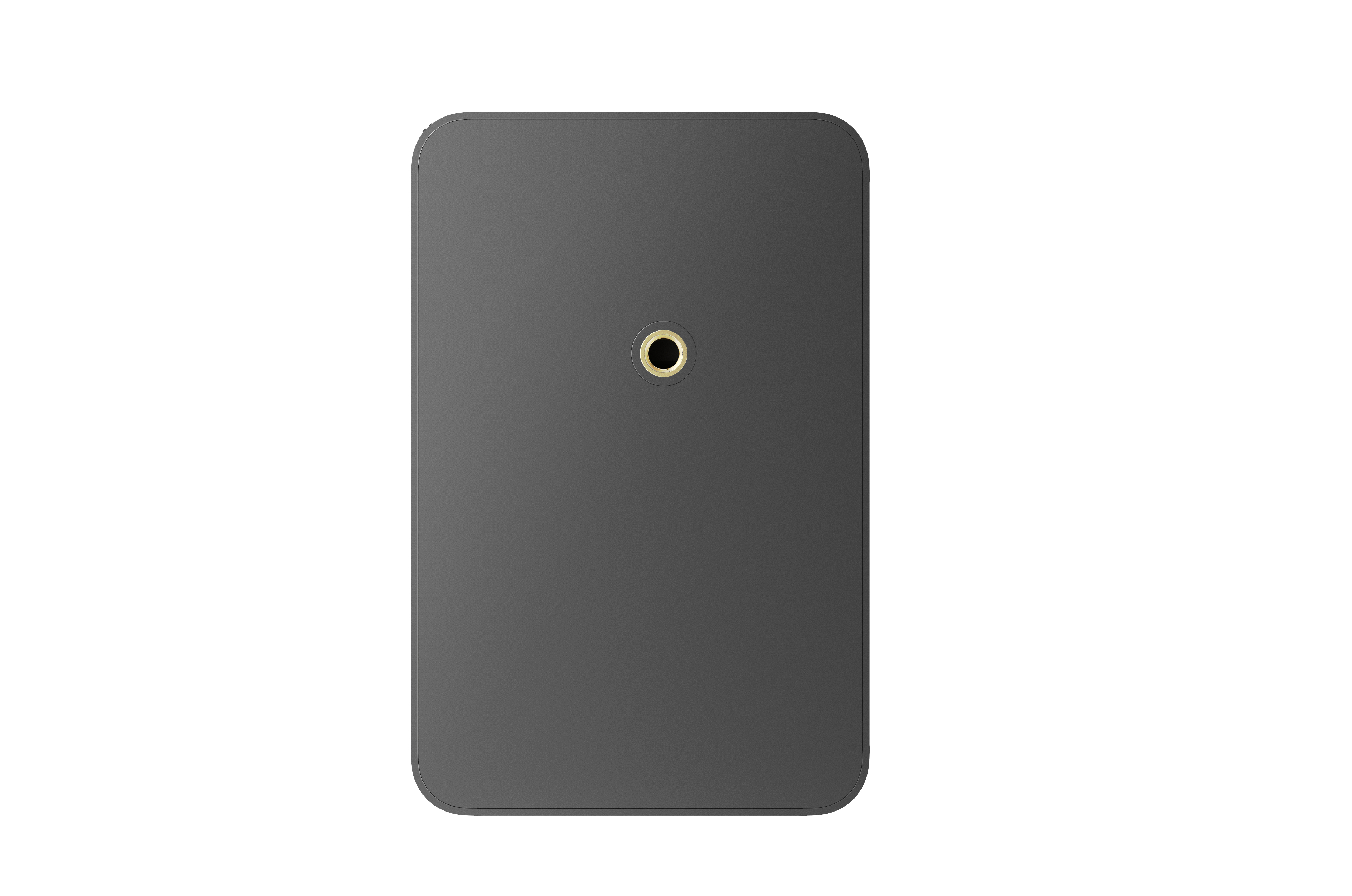 Placa rectangular gris oscuro con un agujero en el centro, fondo blanco.
