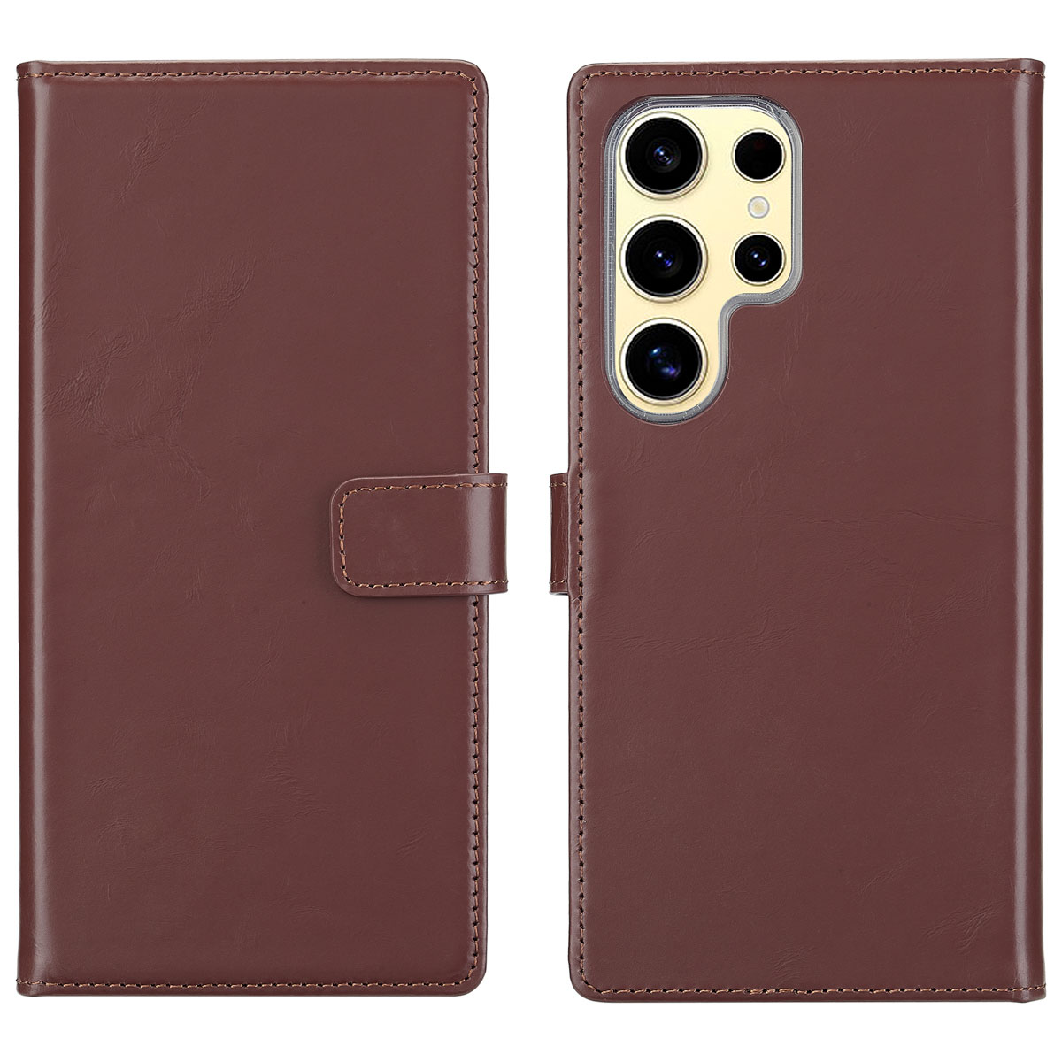 Étui de téléphone en cuir marron ouvert. Le téléphone est à droite.