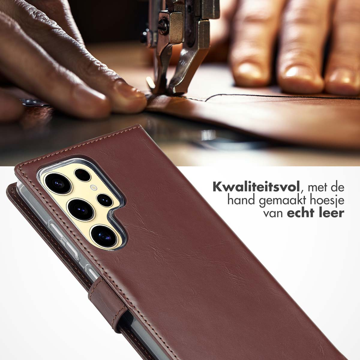 Étui de téléphone en cuir marron sur fond de cuir marron. Machine à coudre en arrière-plan.