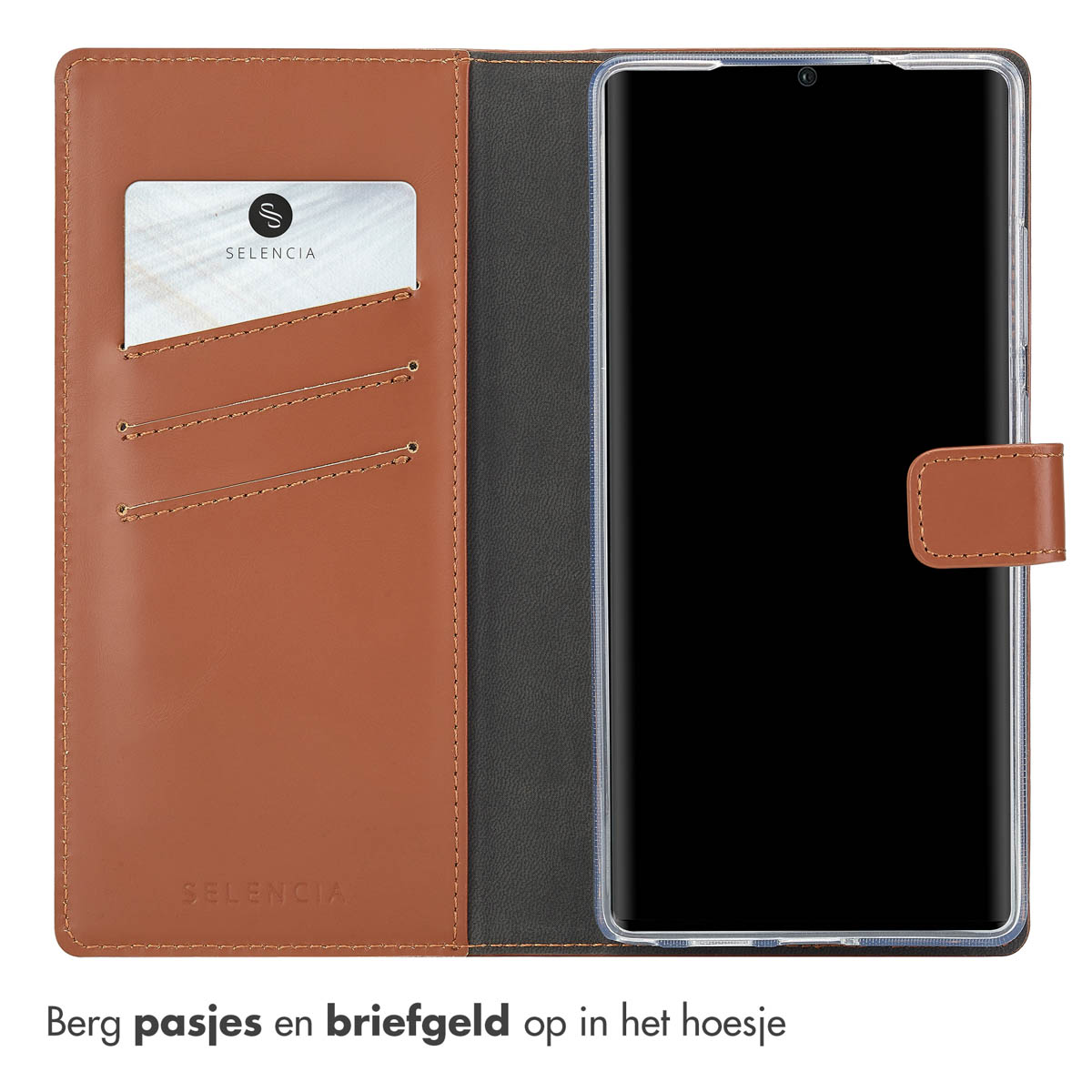 Étui de téléphone marron ouvert avec fente pour carte et téléphone. Écran sombre. Texte néerlandais.