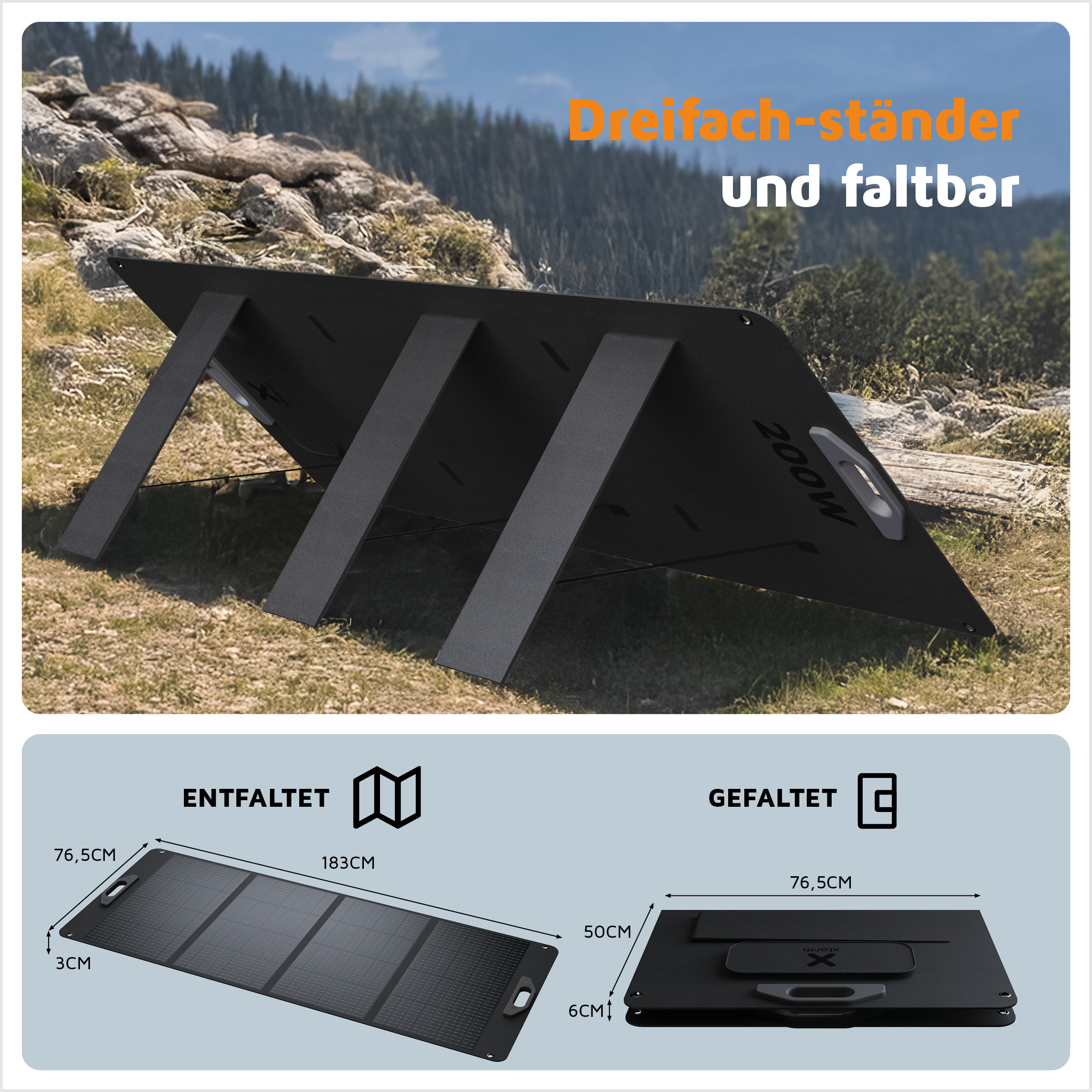 Schwarzes Solarpanel offen und geschlossen, mit Abmessungen. Draußen, vor Felsen.