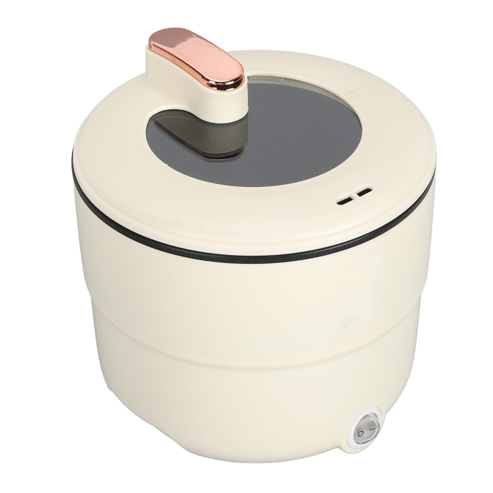 Cremefarbener, zweistufiger elektrischer Dampfgarer mit roségoldfarbenem Griff und Glasdeckel.