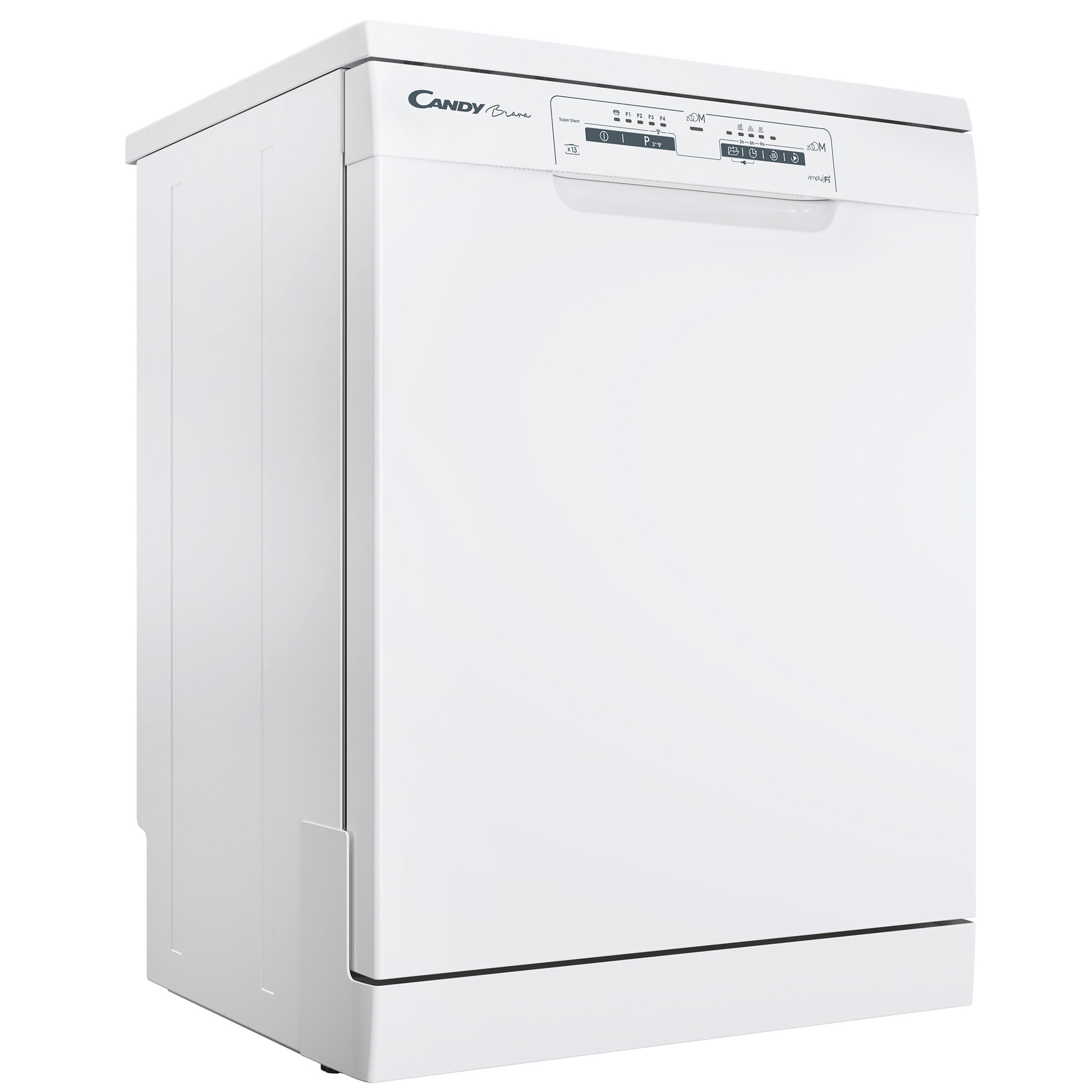 Un lavavajillas blanco con panel de control y puerta cerrada, aislado sobre blanco.