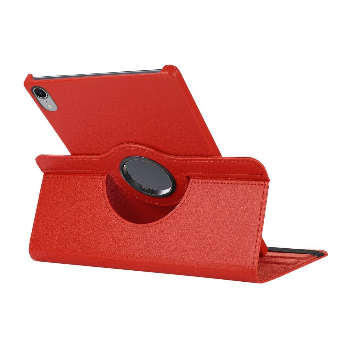 Funda roja para tableta, tableta en modo retrato, soporte y anillo giratorio negro.
