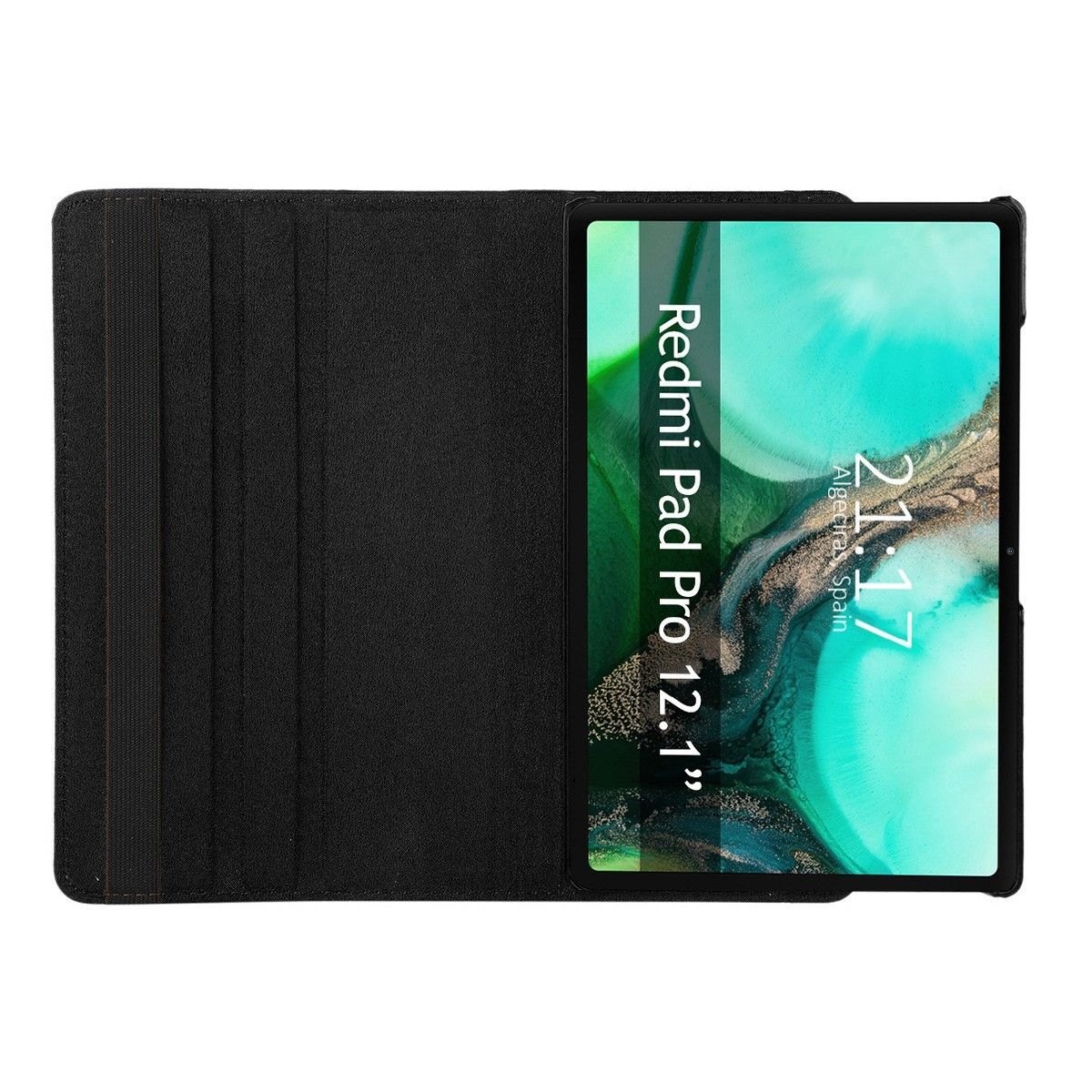 Tableta negra en una funda. La pantalla muestra una interfaz de tableta en una habitación.
