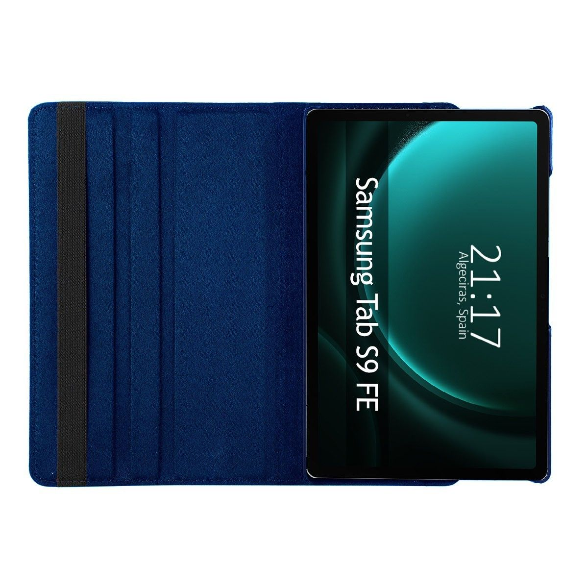 Funda azul de tableta con tableta, mostrando una pantalla verde y azul.