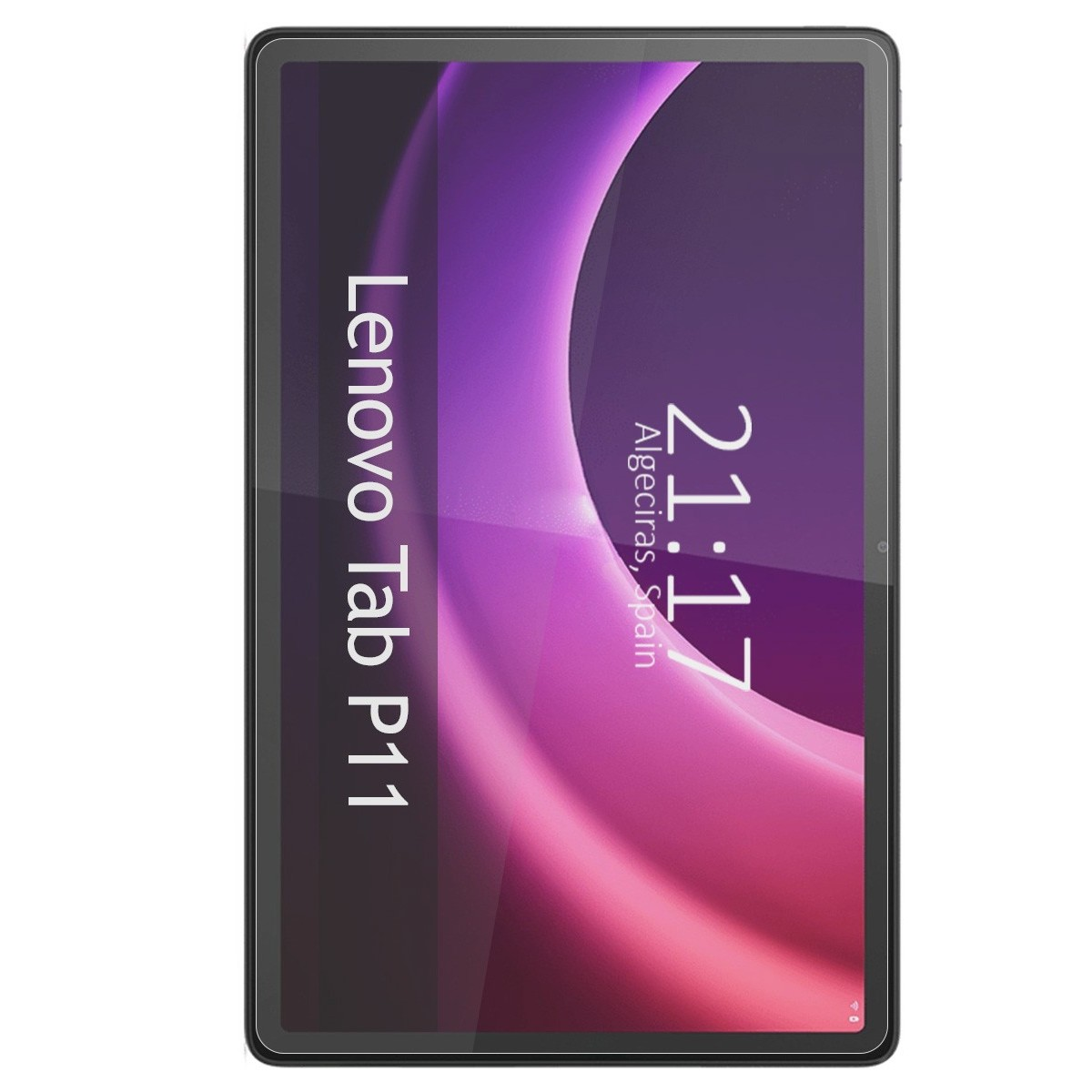 Una pantalla de tableta muestra un fondo de degradado púrpura y el texto 'Lenovo Tab P11'.