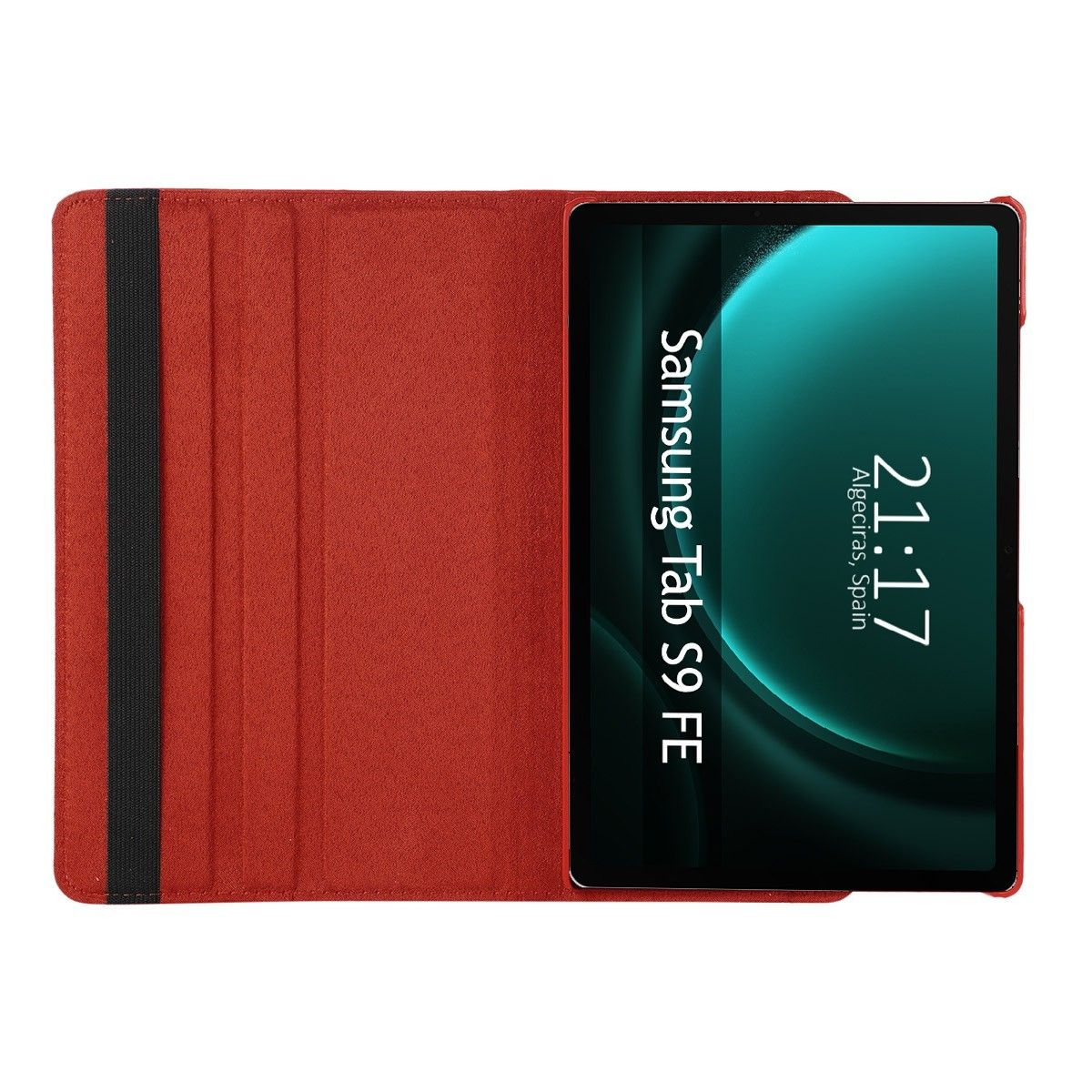 Una funda de tableta roja con una tableta negra dentro. La tableta muestra la hora.