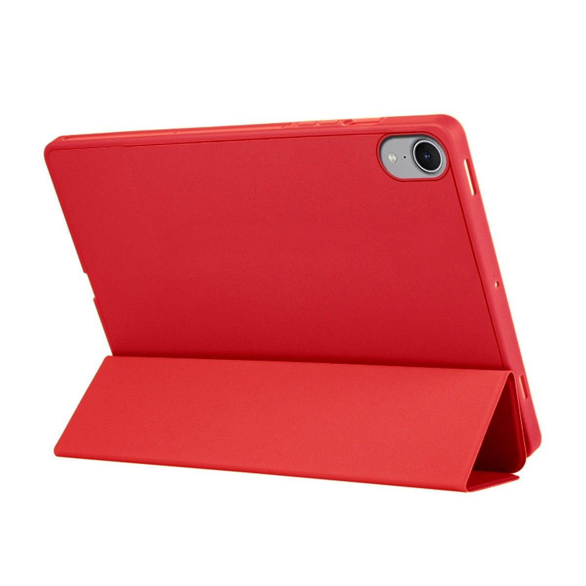 Funda de tableta roja abierta, tableta visible. La parte trasera de la tableta es visible. Blanco.