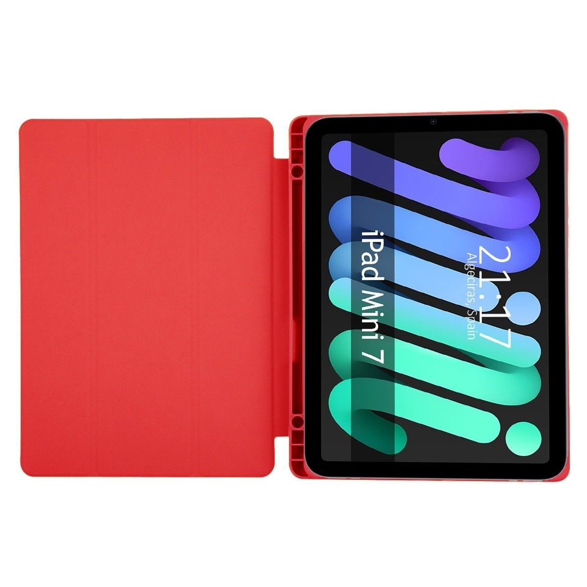 iPad Mini 7 rojo en una funda roja, abierto. Pantalla colorida, fondo blanco.