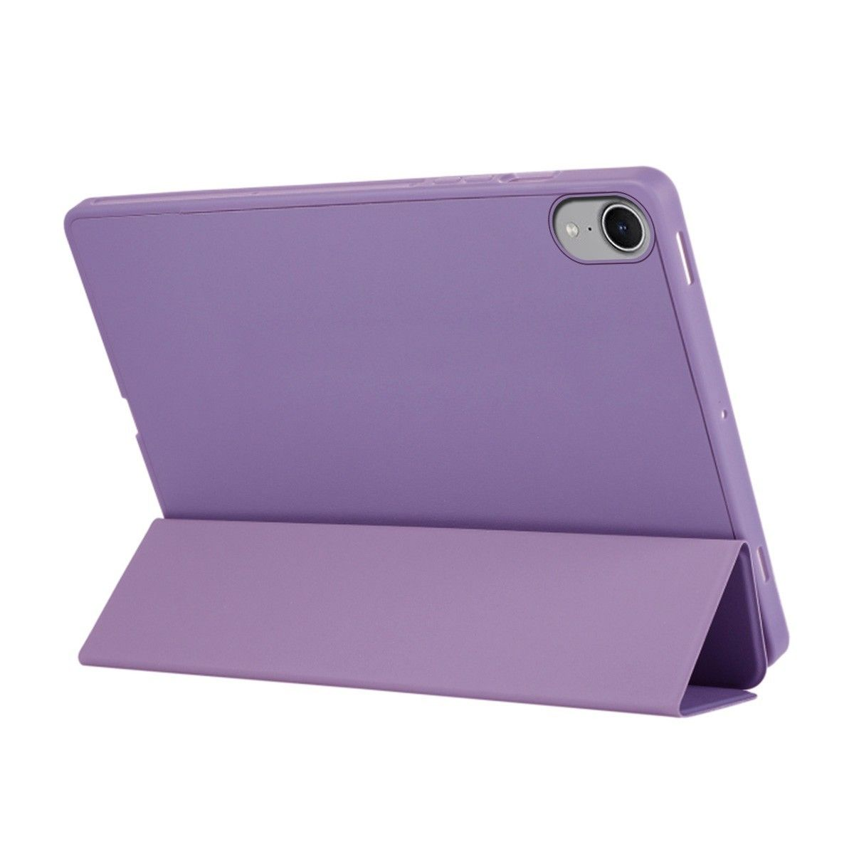 Funda de tableta morada abierta, mostrando la tableta. La parte trasera de la tableta es visible. Blanco.
