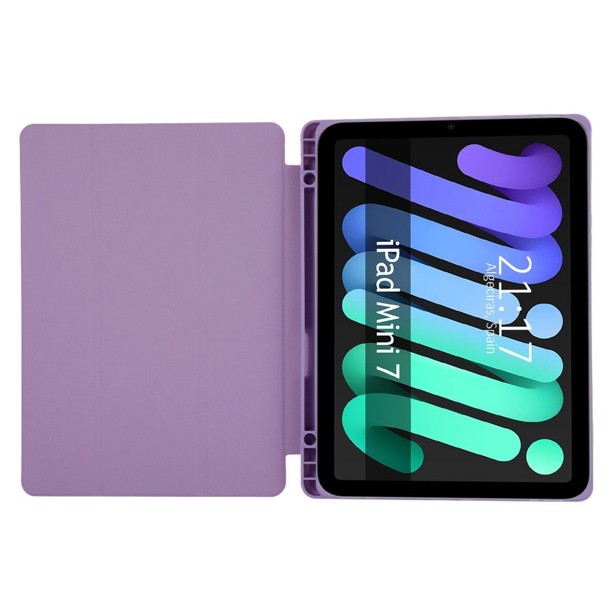 iPad Mini 7 abierto con cubierta morada. La pantalla muestra un diseño colorido.